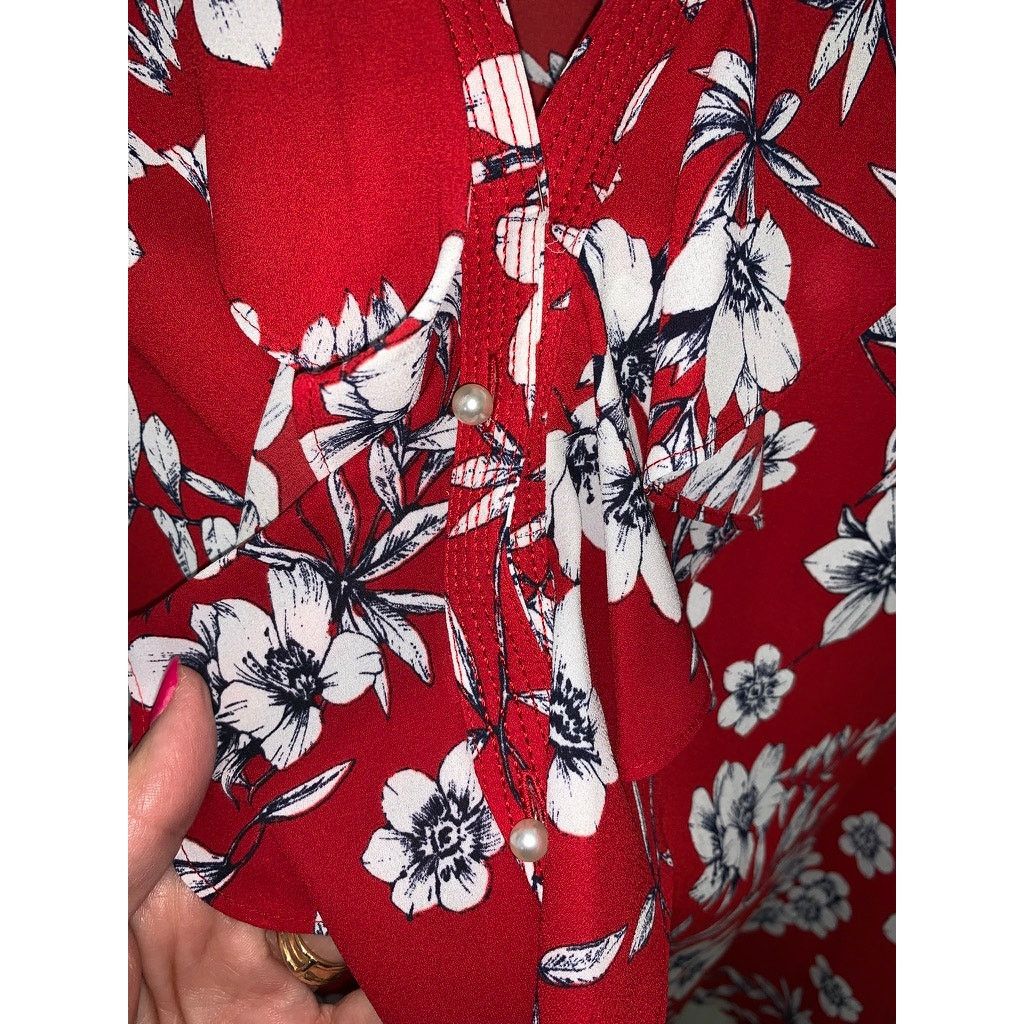 Karl Lagerfeld Karl Lagerfeld Paris Women's XXL Red Floral Ruffle Blouse Size XXL / US 16-18 / IT 52-54 - 2 Thumbnail