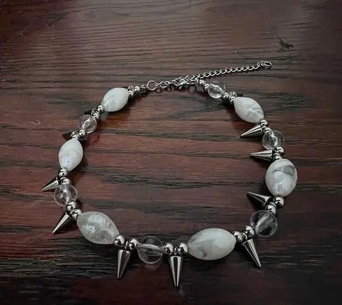 Jewelry White Beaded Spike Spiked Choker Necklace, Punk Jewelry Size ONE SIZE - 4 Thumbnail