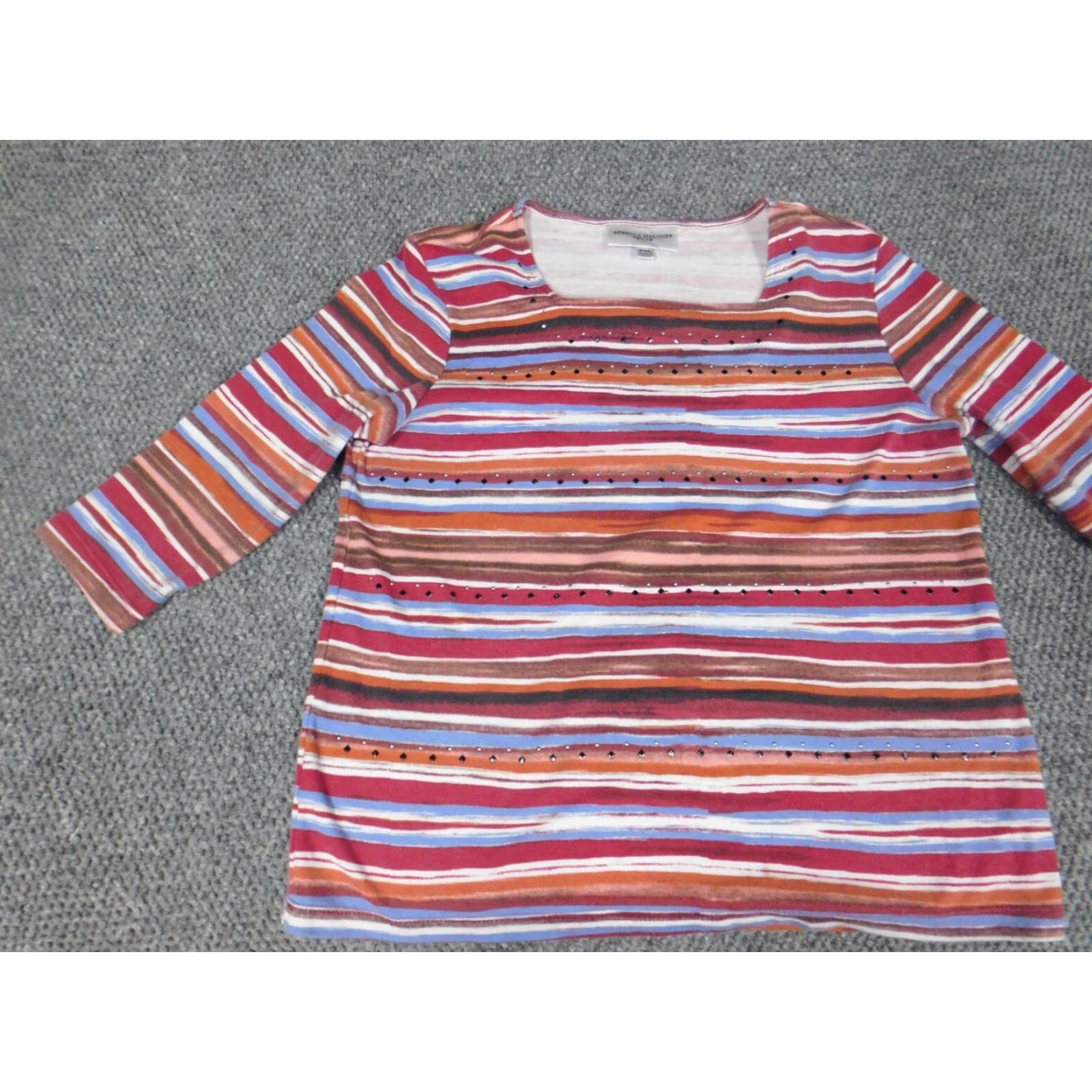 Vintage Rebecca Malone Womens Blouse PM Petites Red Striped Stretch Crew Neck Long Sleeve Casual Pullover Cotton Polyester Rayon Ruffle Classic Basic Size M / US 6-8 / IT 42-44 - 3 Thumbnail