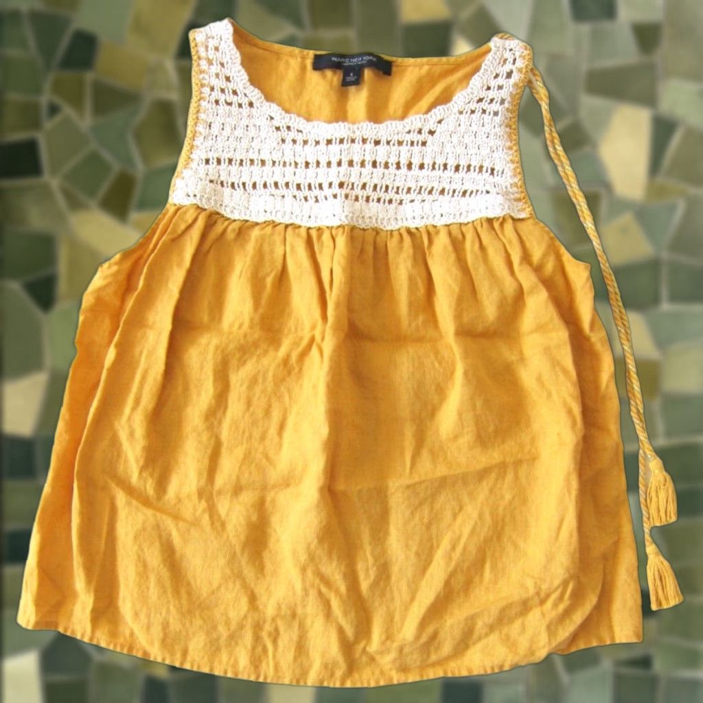 Vintage Andrew Marc New York 100% Linen Mustard Yellow Embroidered Tank Blouse Small Size S / US 4 / IT 40 - 1 Thumbnail