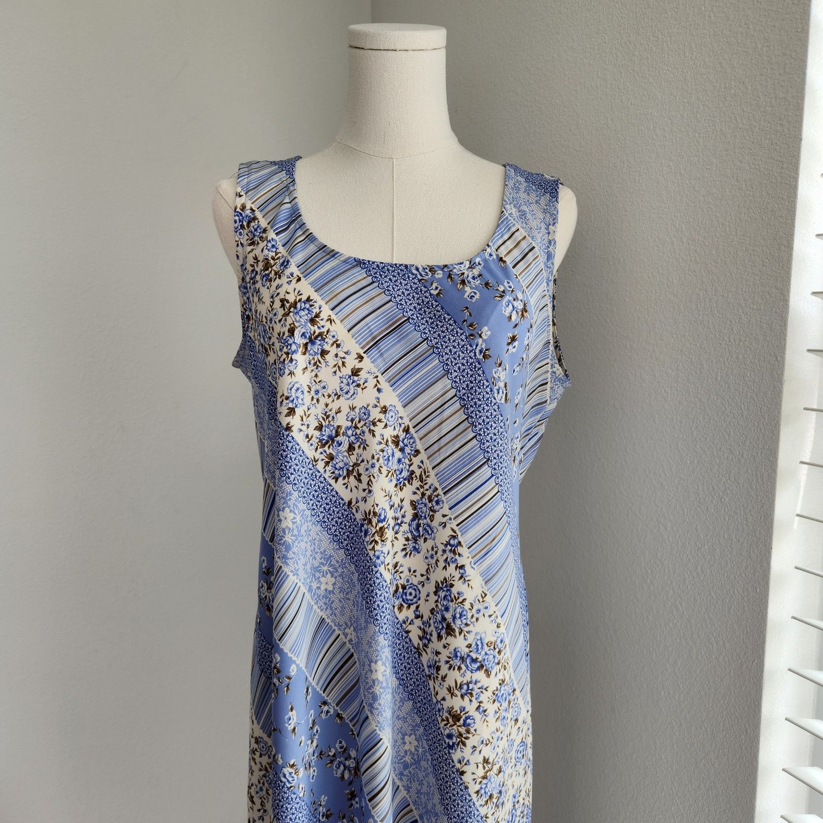 Vintage Vintage Blue Floral Striped Sheath Sleeveless Maxi Dress M Size M / US 6-8 / IT 42-44 - 2 Thumbnail