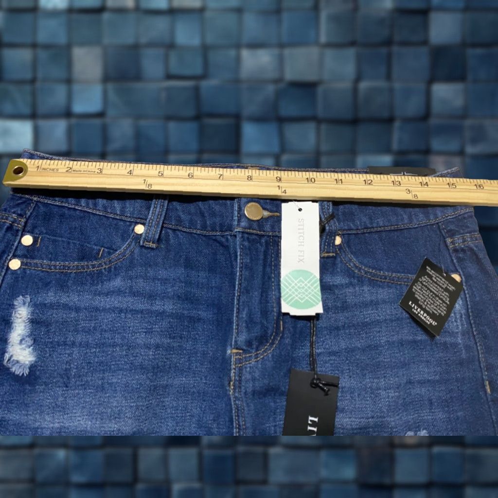 Denime NWT Liverpool Jeans Womens Skirt Blue Denim Distressed Pencil Straight Reyna New 4 Knee Length Cotton Stretch Casual Travel Size 27" / US 4 / IT 40 - 1 Thumbnail