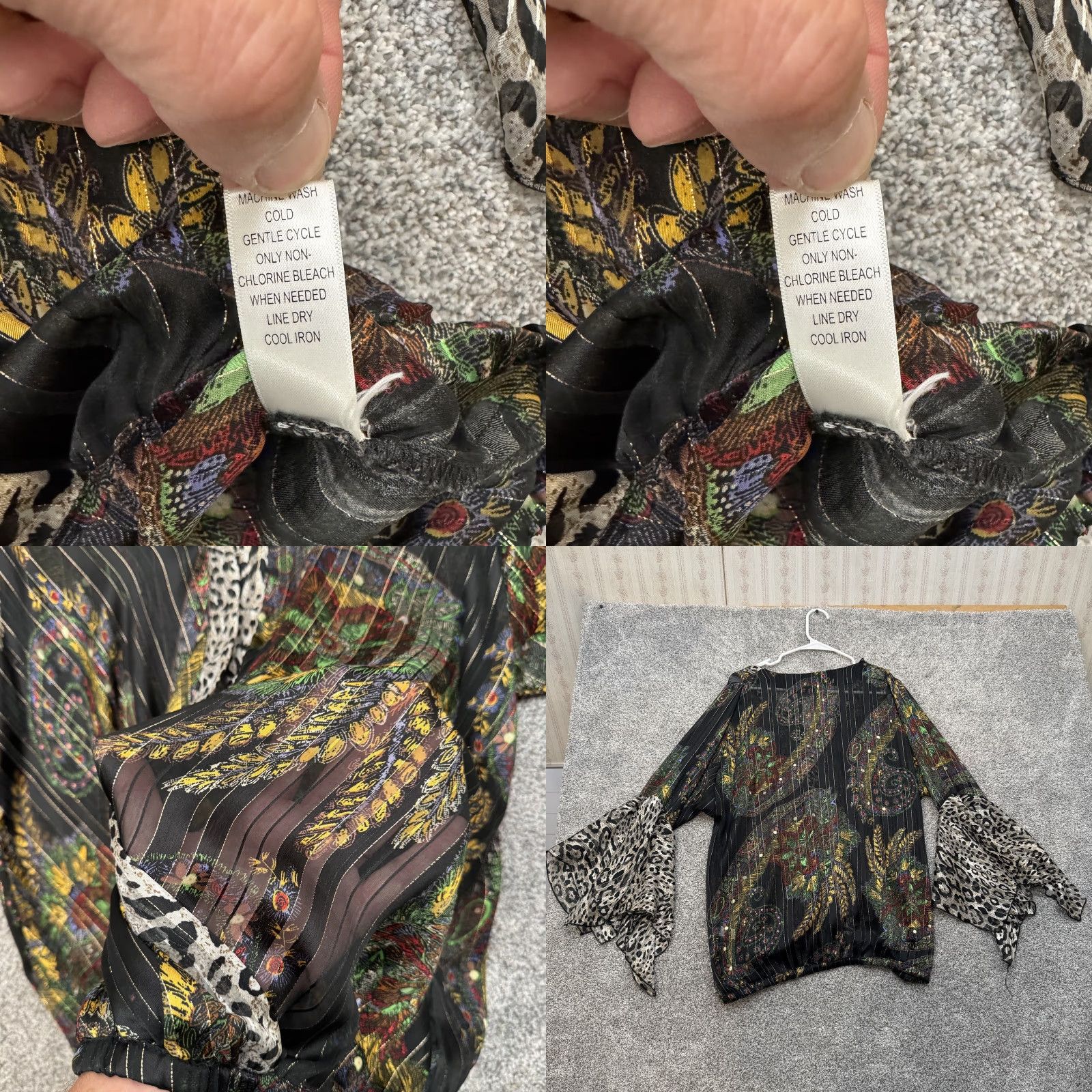 Bell Mirror Image Blouse Womens XL Black Paisley Leopard Bell Sleeve Sheer Boho Top Size XL / US 12-14 / IT 48-50 - 8 Thumbnail