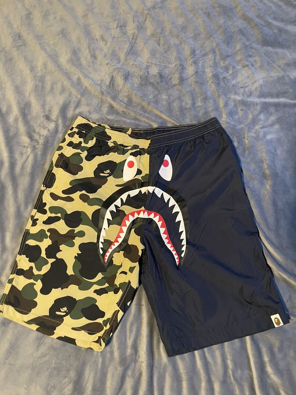 image of Bape Bathing Ape Shark Shorts Half Blue Half Camo Size XL in Navy, Men's