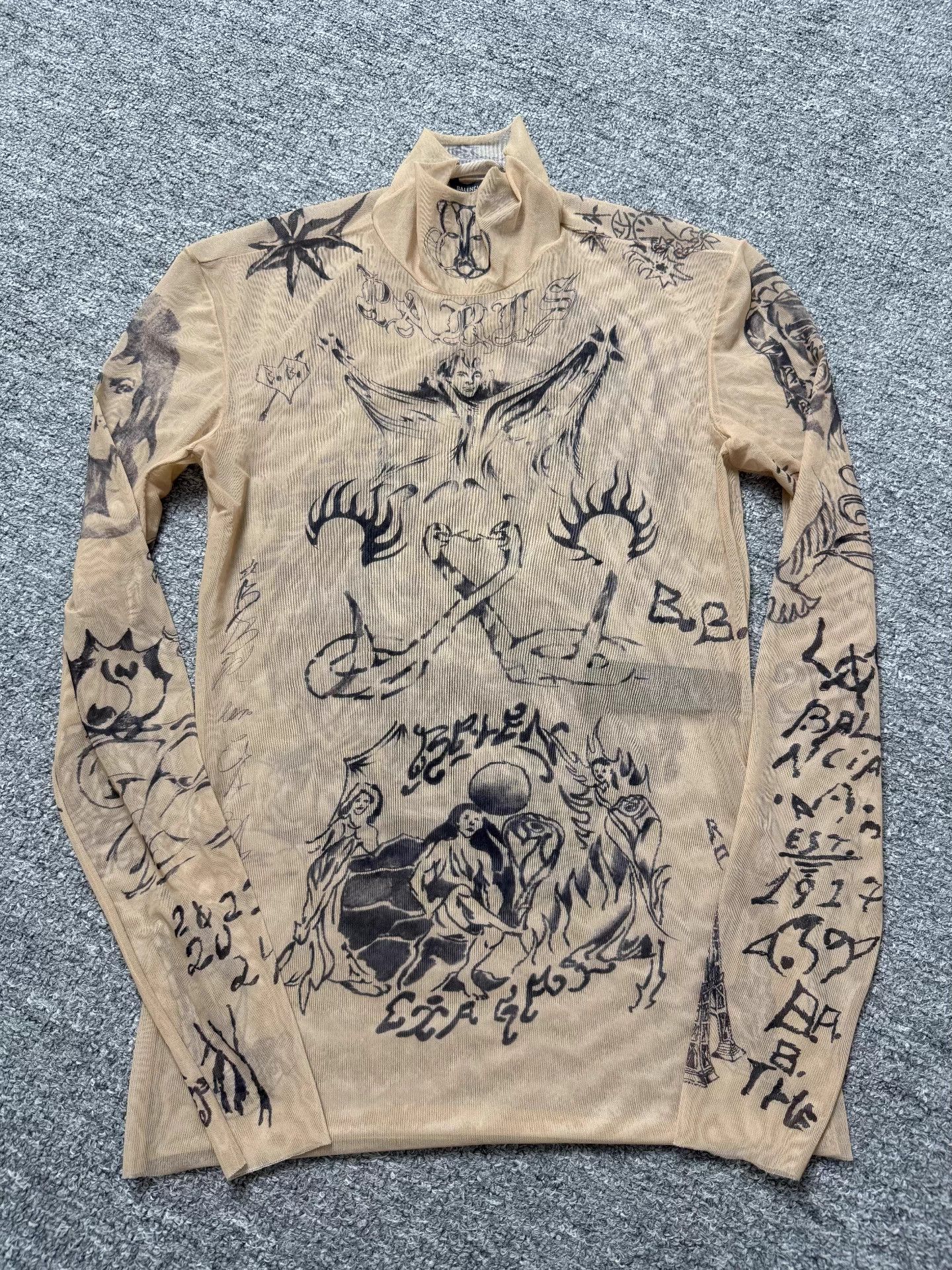 Balenciaga Balenciaga Brown Mesh Silk Tattoo Print Long Sleeve Top L Size L / US 10 / IT 46 - 1 Thumbnail