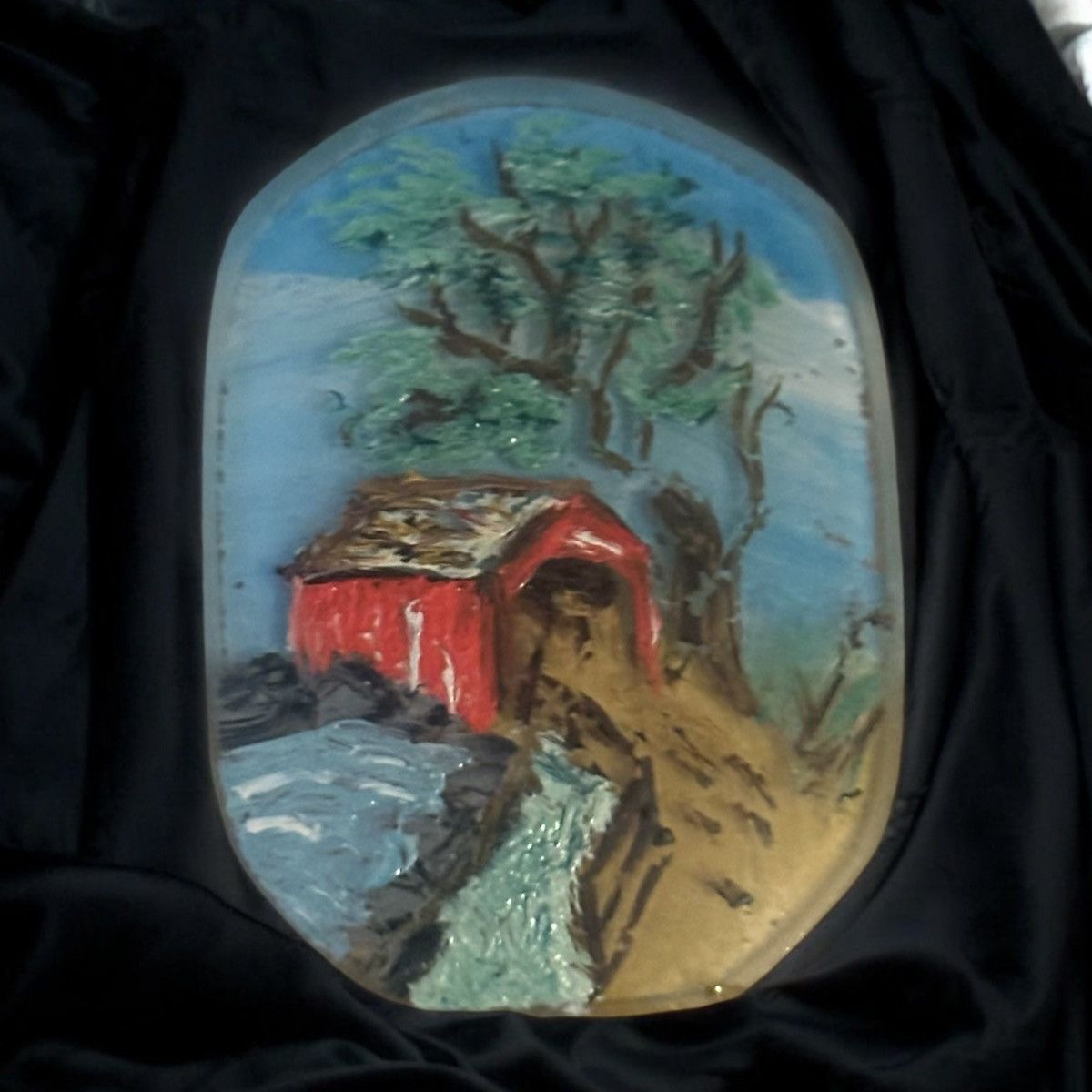 Vintage Vintage hand painted covered bridge scene glass brooch Size ONE SIZE - 1 Thumbnail