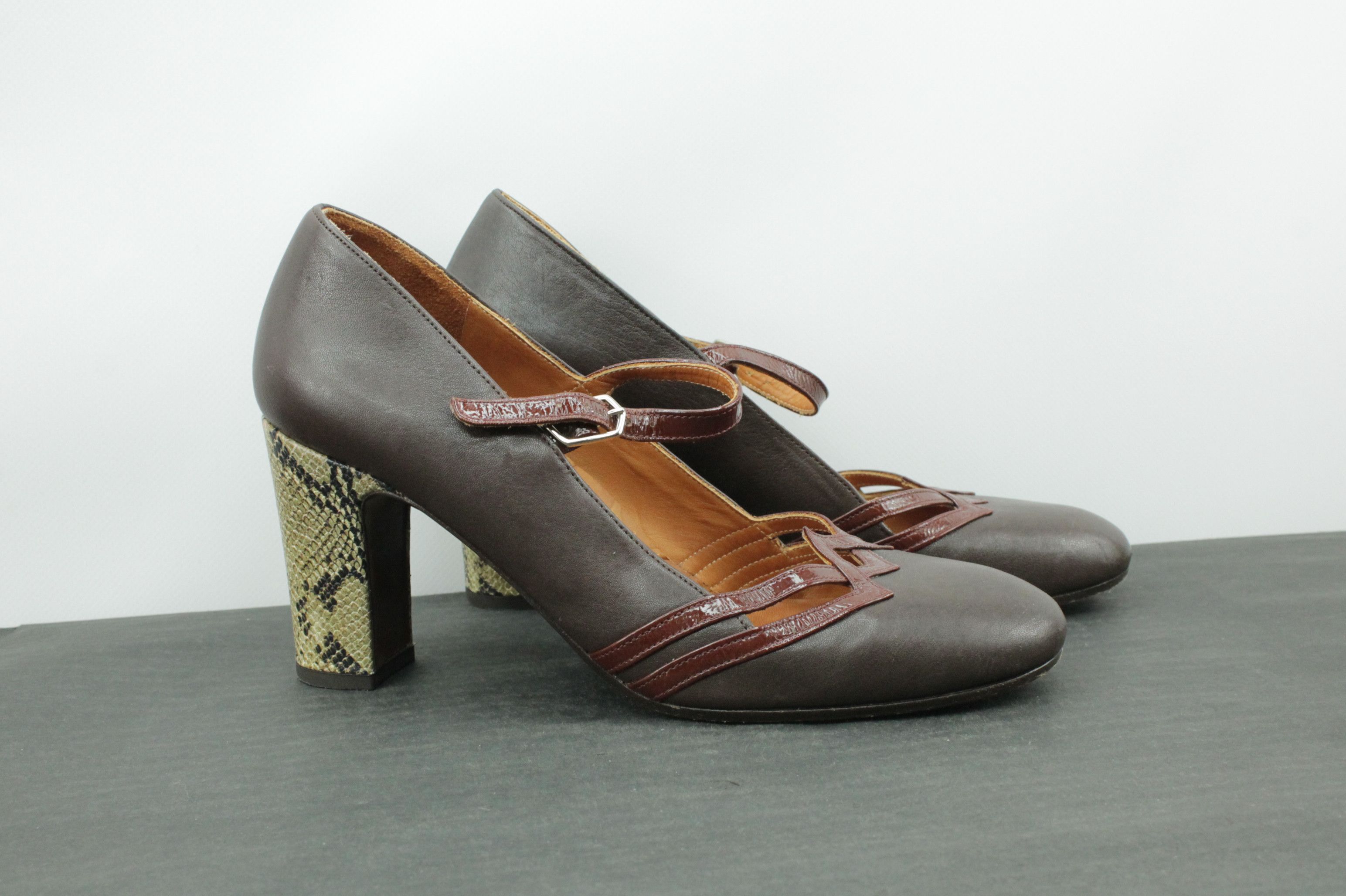 Designer Chie Mihara Leather Heels Python Print Brown Leather Shoes Size US 9 / IT 39 - 1 Thumbnail