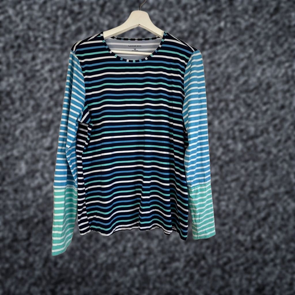 Lands' End Lands' End Womens Striped Long-Sleeve Rash Guard Swim Shirt Large Blue 14-16 Ultra-Comfort Nylon Spandex Size L / US 10 / IT 46 - 1 Thumbnail