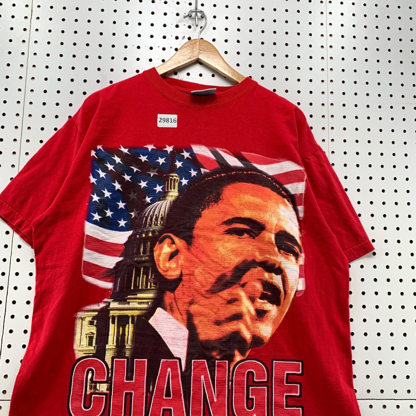 Vintage VINTAGE President Barack Obama CHANGE Shirt Red Mens XL USA Flag Presidential Size US XL / EU 56 / 4 - 2 Thumbnail