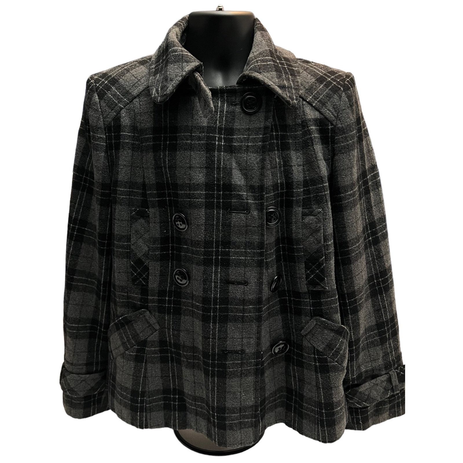 Other Giacca Women Plaid Wool Blend Peacoat Jacket Large Gray Coat Size L / US 10 / IT 46 - 1 Thumbnail