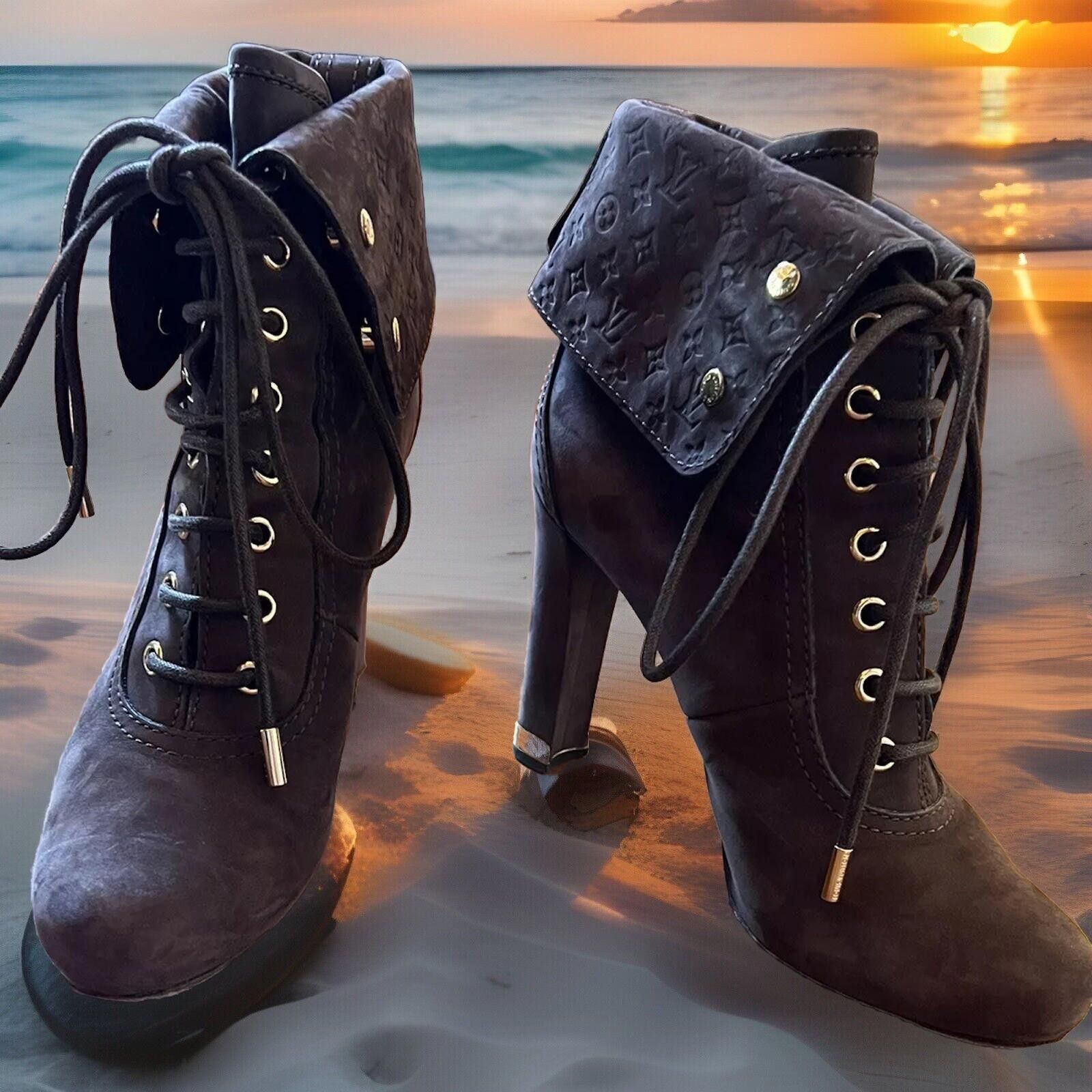Louis Vuitton Brown Suede Monogram Combat Boots Heels Sz 37