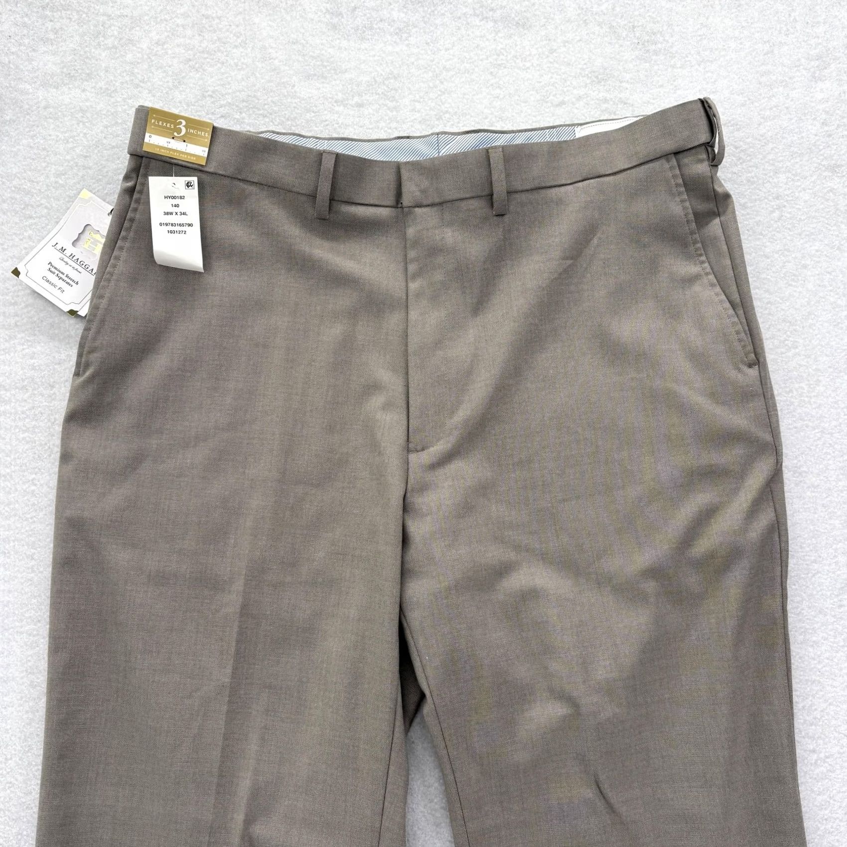 Haggar J.M. Haggar Premium Stretch Dress Pants Mens 38x34 Beige Classic Fit Flat Front Pockets Slim Straight Slant Pocket Business Formal Wedding Size US 38 / EU 54 - 2 Thumbnail