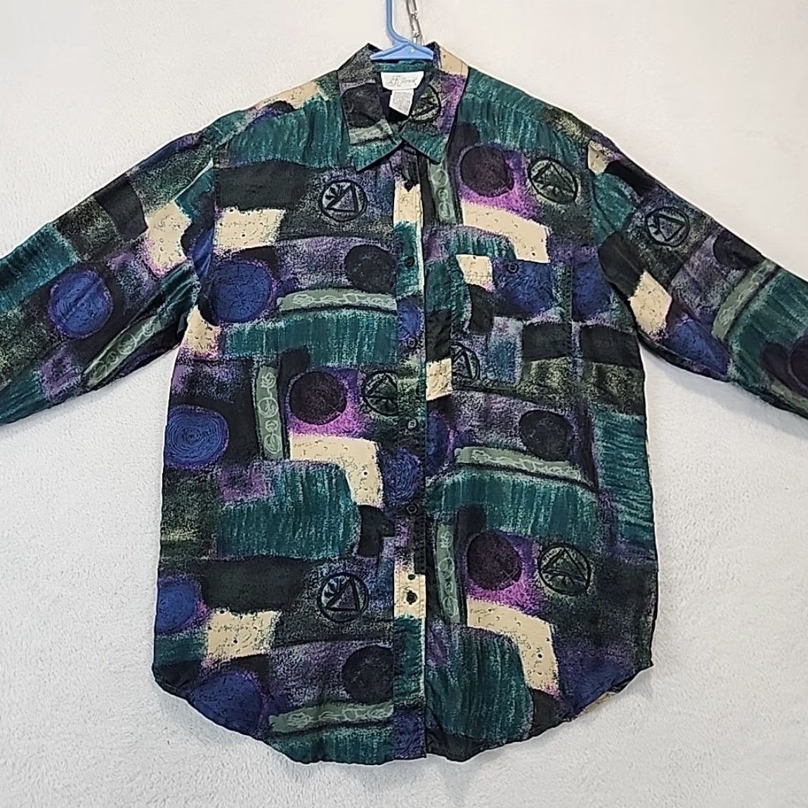 Vintage K. Arnold 100% Silk Women's M Blouse Purple Tan Graphic 80's Print Shoulder Pad Shirt Womens M Purple Tan Graphic 80s Silk Blouse Size M / US 6-8 / IT 42-44 - 5 Thumbnail