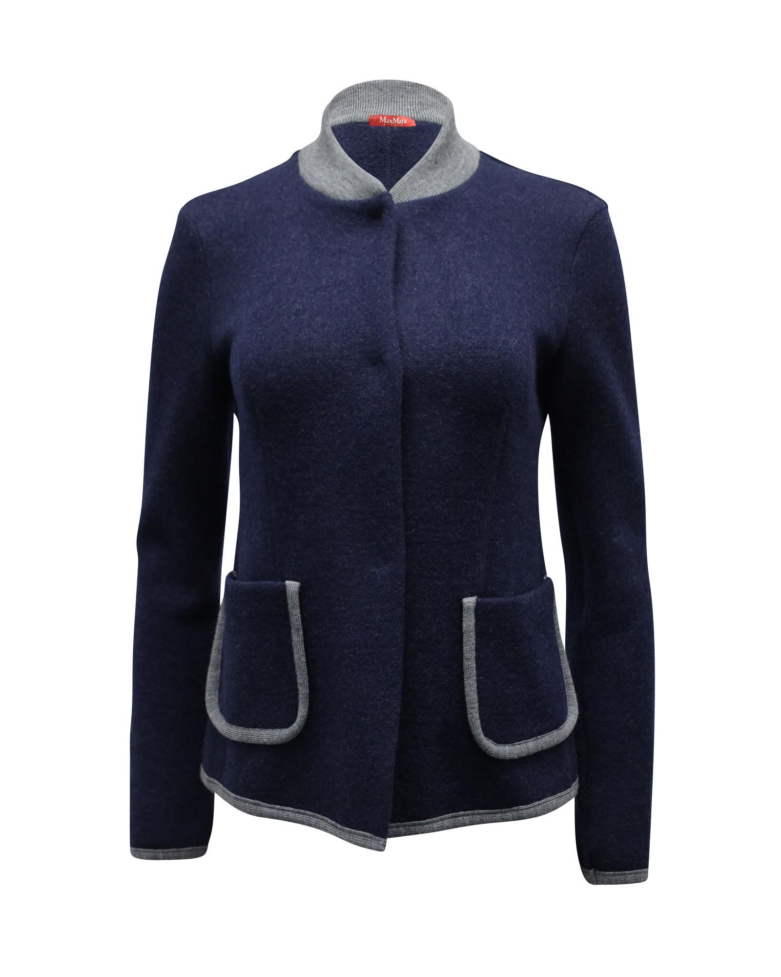 image of Navy Blue Virgin Wool Jacket With Grey Trims By Max Mara Studio in Blue/Navy Blue, Women's (Size XS