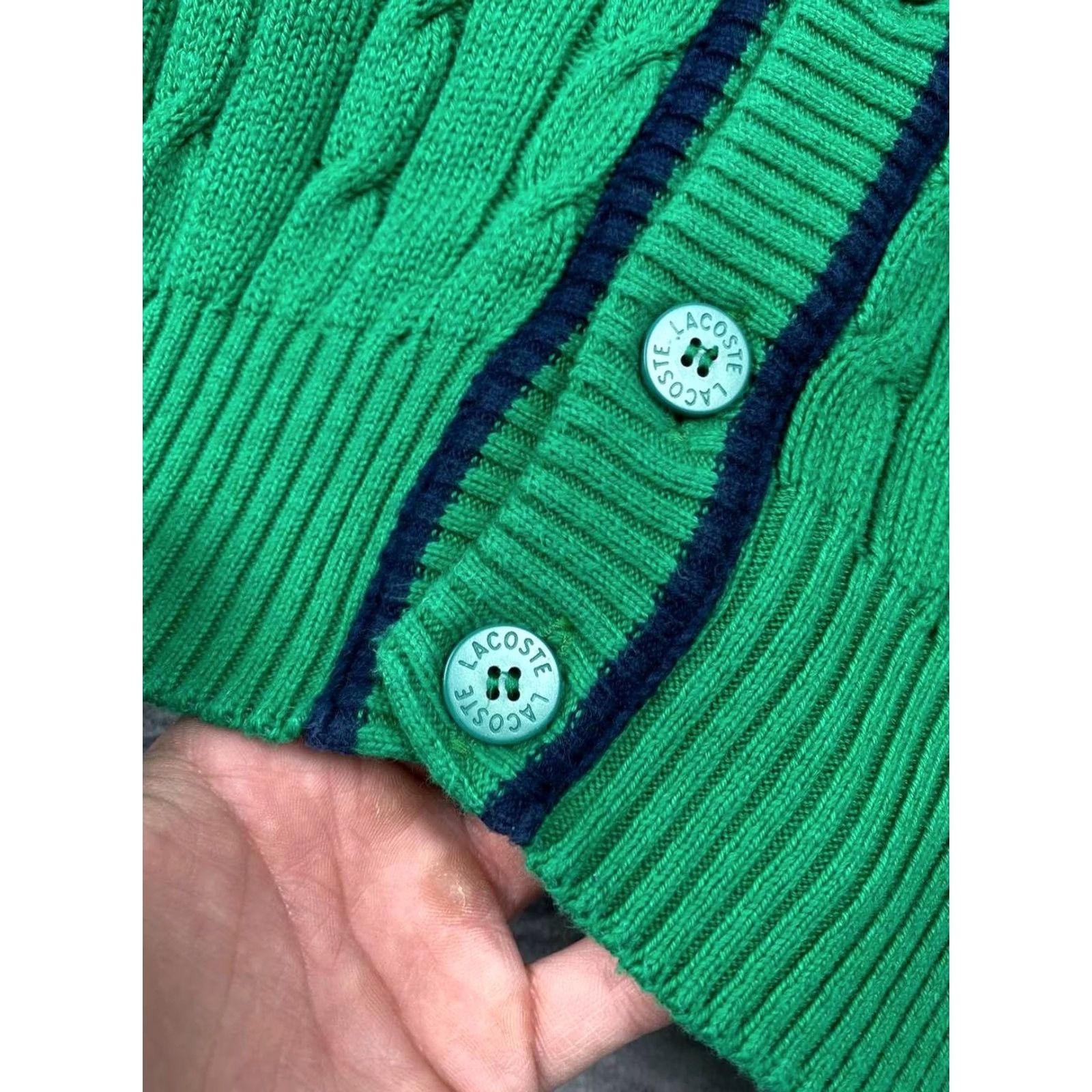 Lacoste VINTAGE Lacoste Cardigan Sweater Men Size 6 Green Logo Knit Long Sleeve Cable Knit Cardigan Chest 69 Length 72 Shoulders 70 Sleeve 63 Size US L / EU 52-54 / 3 - 6 Thumbnail