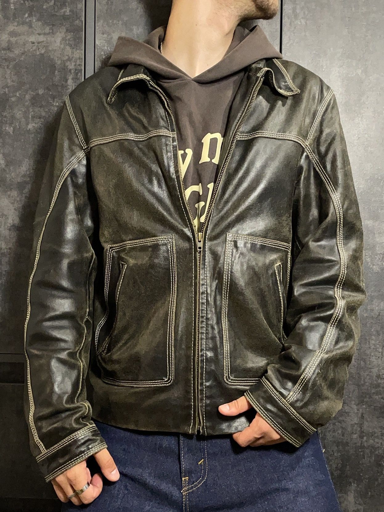Leather Vintage 90s Faded Washed Leather Jacket Size US L / EU 52-54 / 3 - 2 Thumbnail