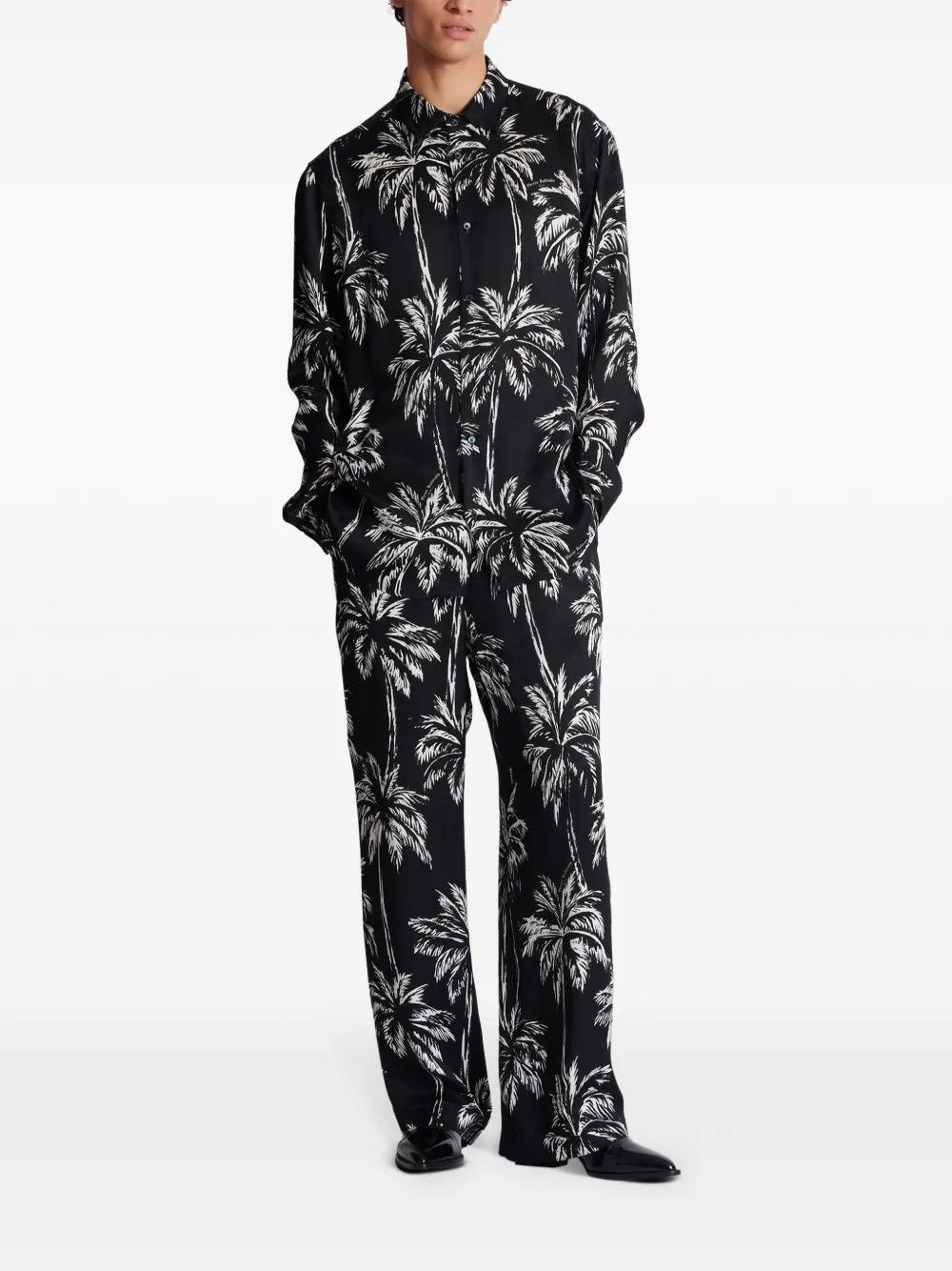 Balmain o1s1wg110925 Plam Tree Print Satin Shirt in Black/White Size US M / EU 48-50 / 2 - 6 Thumbnail