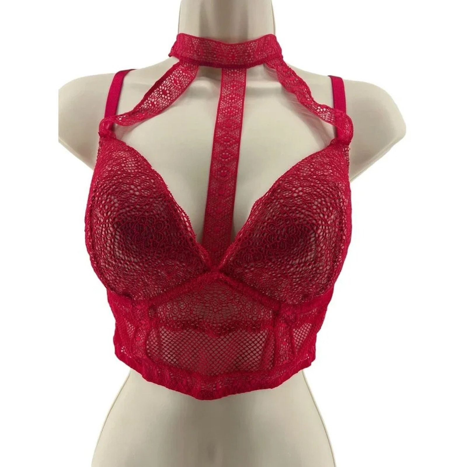 Victoria's Secret Victoria's Secret Long Line Choker Red Mesh Lined Plunge Bra Size ONE SIZE - 1 Thumbnail