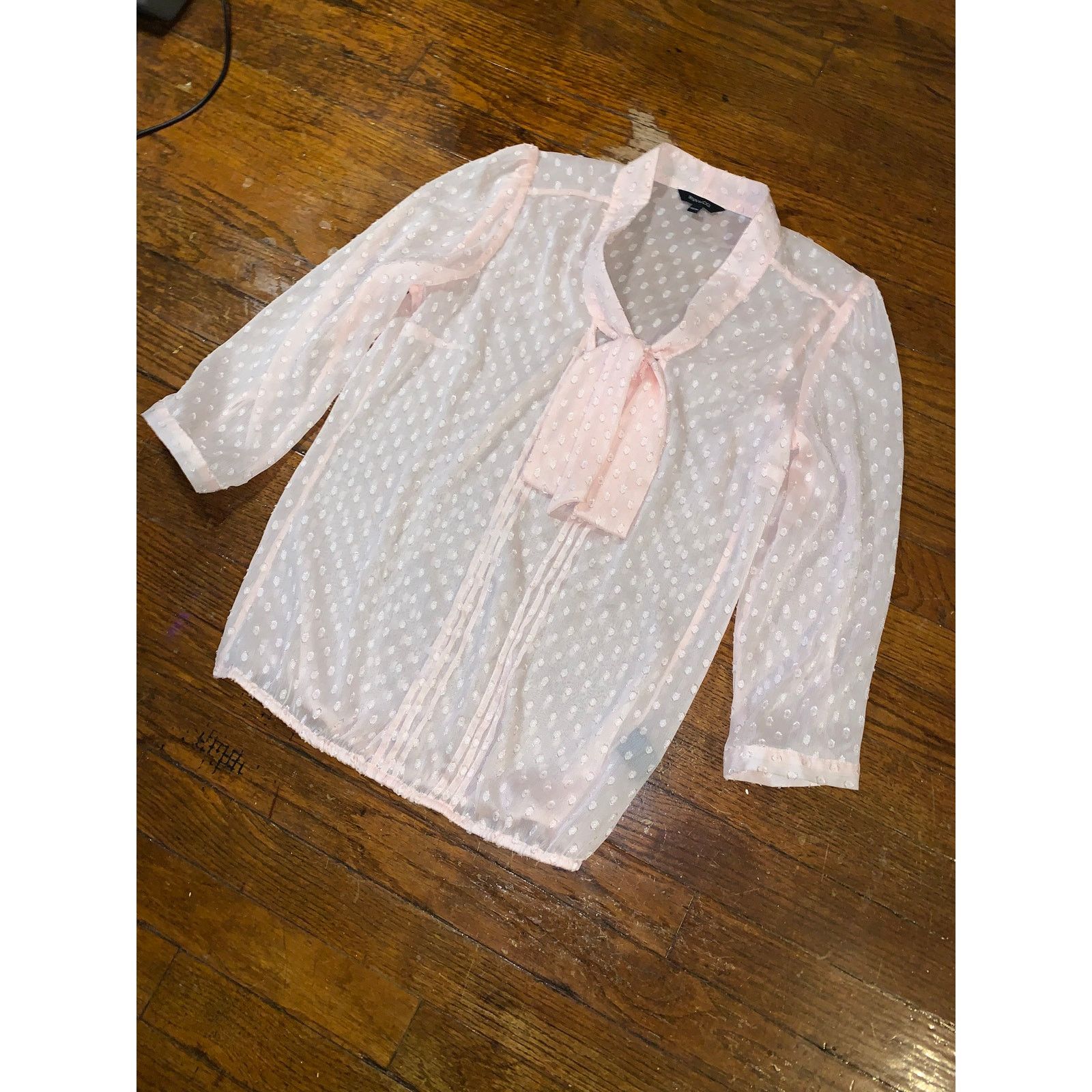 Other RW&CO Sheer Pink Swiss Dot Blouse XS Tie Neck See Through Size XS / US 0-2 / IT 36-38 - 6 Thumbnail