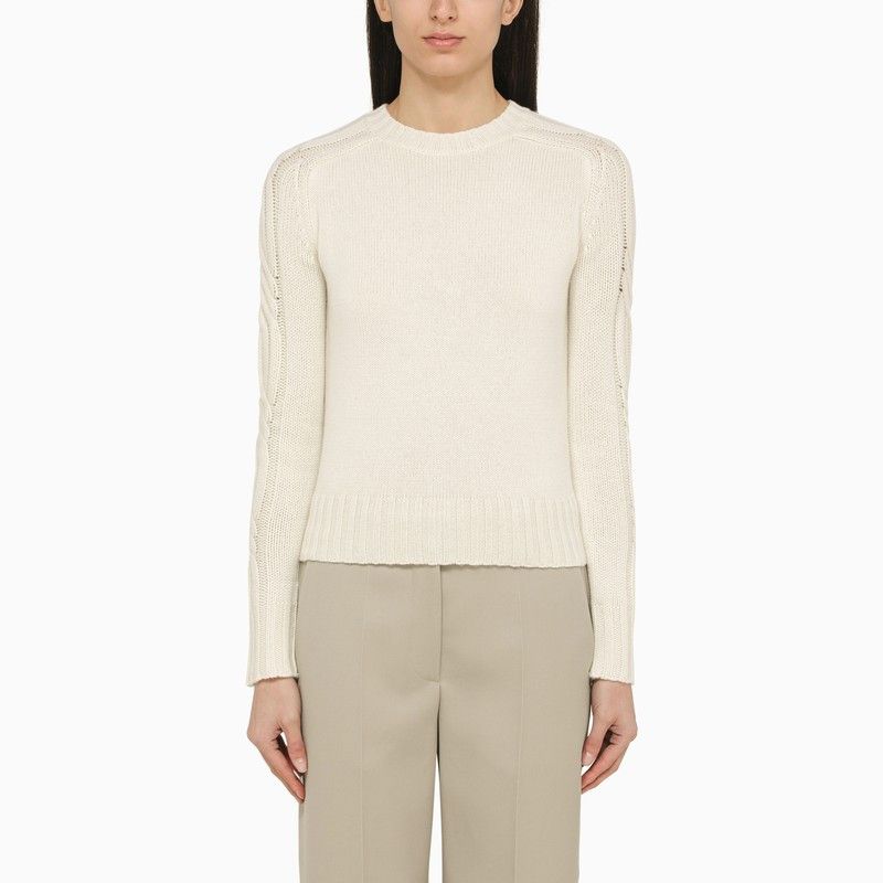 image of Max Mara White Cashmere Crew-Neck Sweater, Women's (Size Medium)