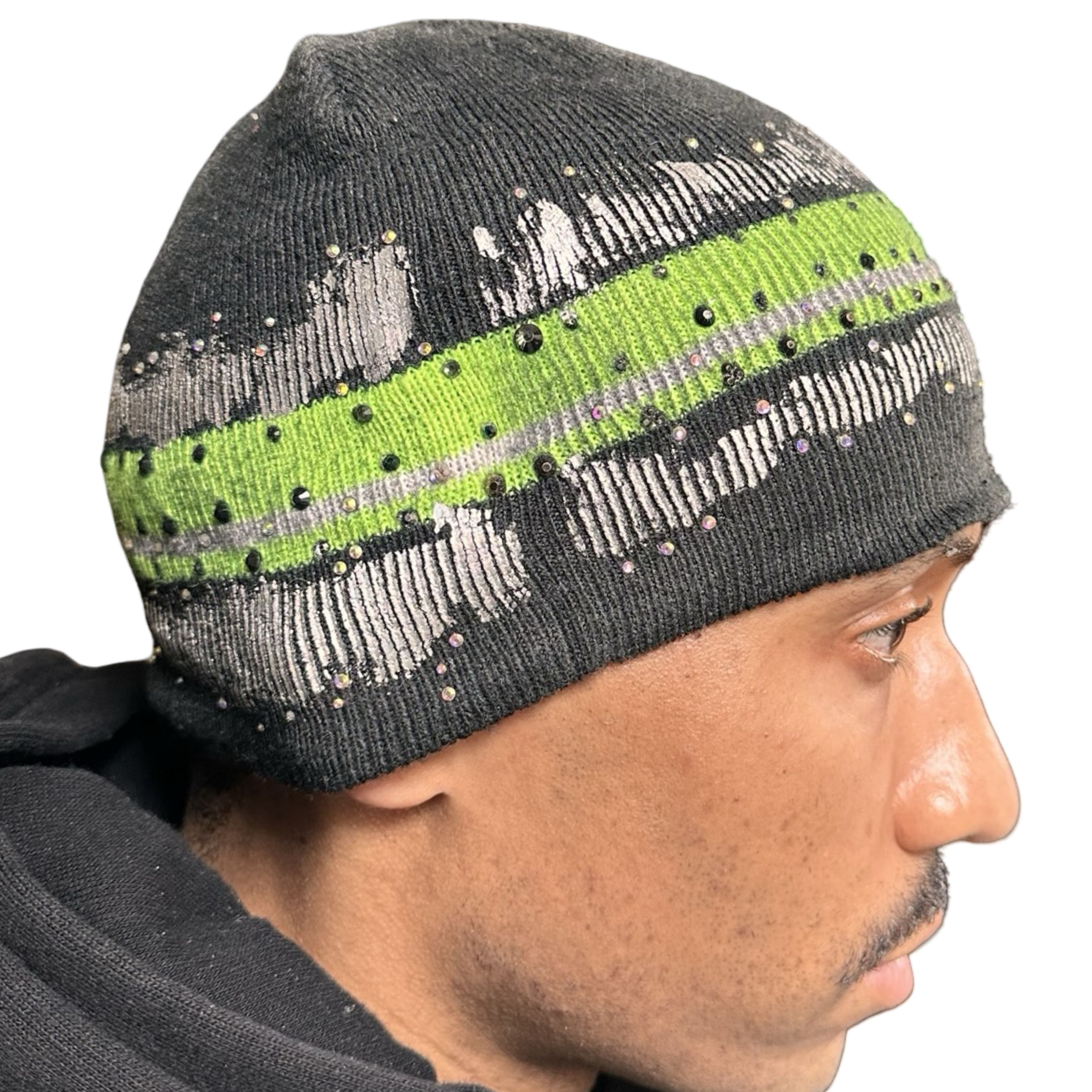 Vintage ASTROBOI Grey Beanie w/ Green Stripe & Rhinestones – OS* Size ONE SIZE - 4 Thumbnail