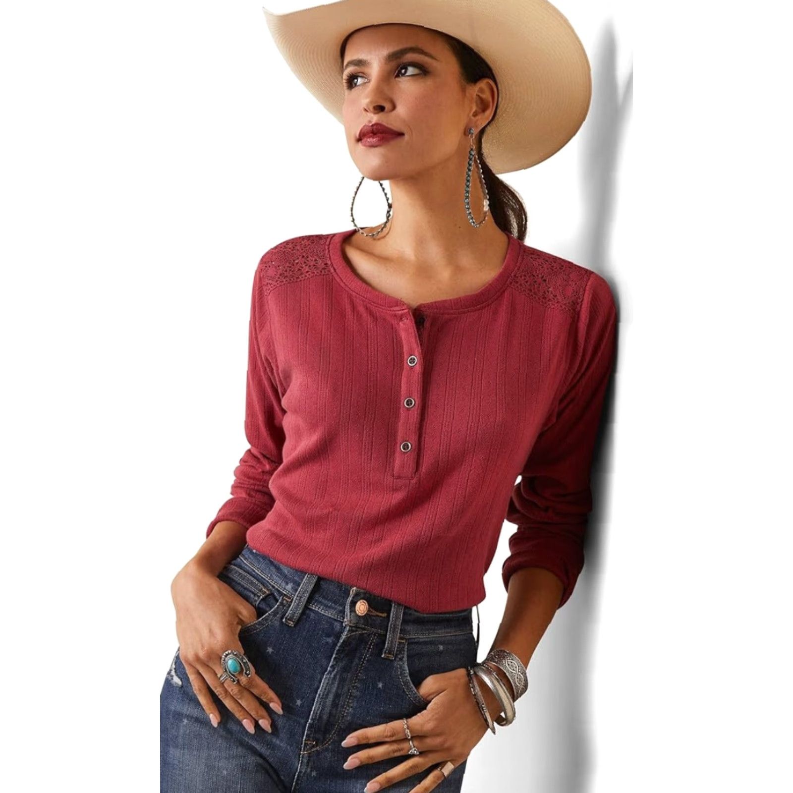 Ariat Ariat Womens Henley Top 2XL Red Pointelle Crochet Lace Knit Casual Shirt Blouse Outdoor Western Size XXL / US 16-18 / IT 52-54 - 8 Thumbnail