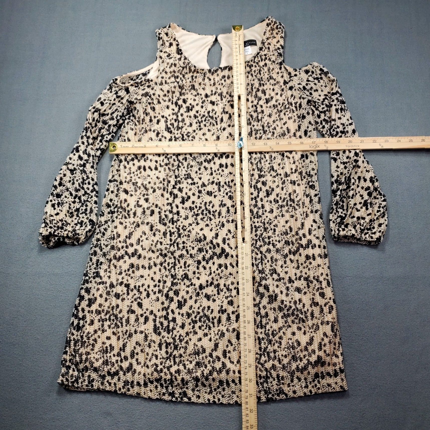 Sears Simply Styled By Sears Dress Womens Small Cold Shoulder Sleeve Beige Black Dots Shirt? Size S / US 4 / IT 40 - 3 Thumbnail