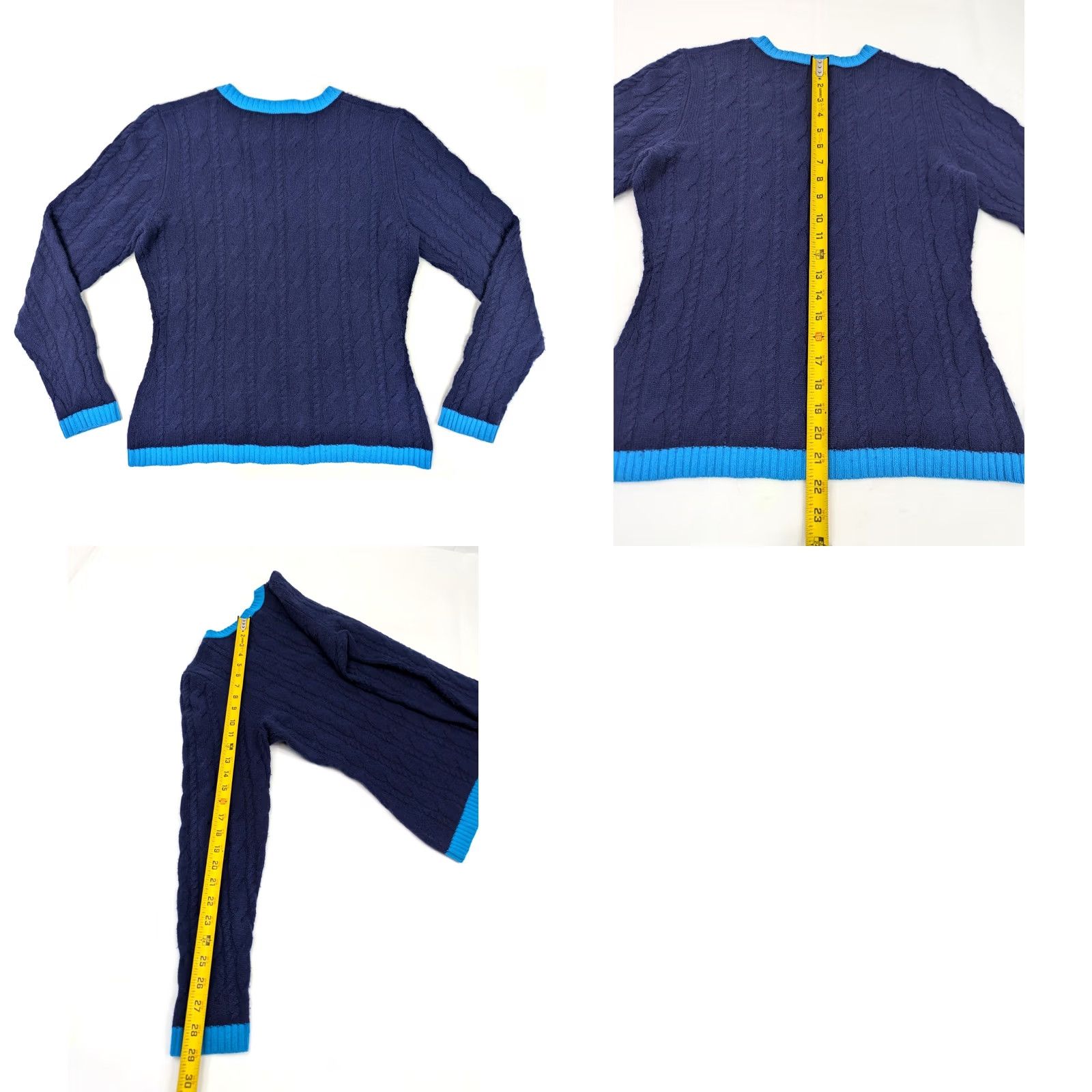 Neiman Marcus Neiman Marcus Cashmere Collection Cable Knit Ribbed Rope V-Neck Women L Blue Sweater Size L / US 10 / IT 46 - 8 Thumbnail