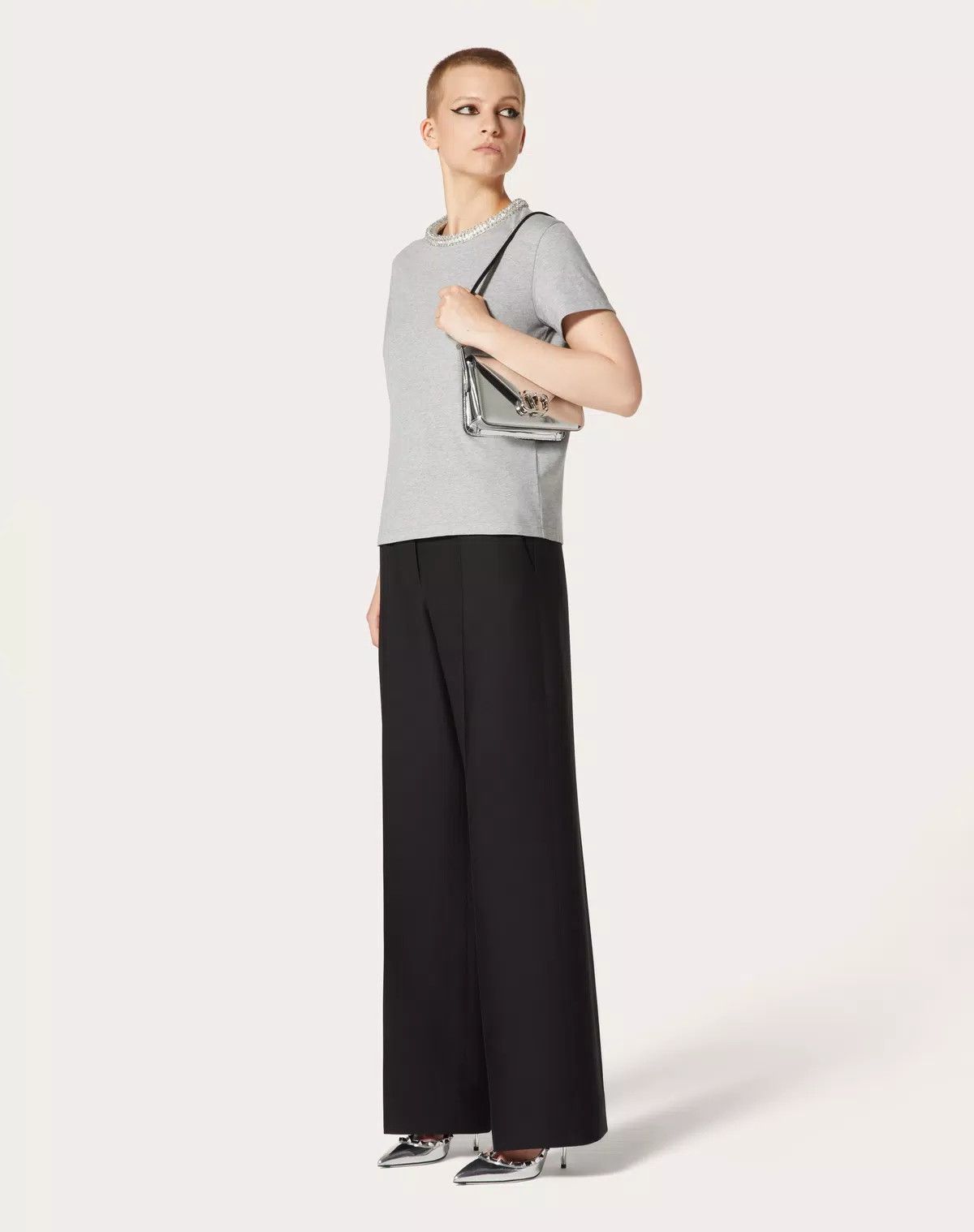Valentino o1s1wg110625 Embroidered Jersey T-Shirt in Grey Size L / US 10 / IT 46 - 2 Thumbnail