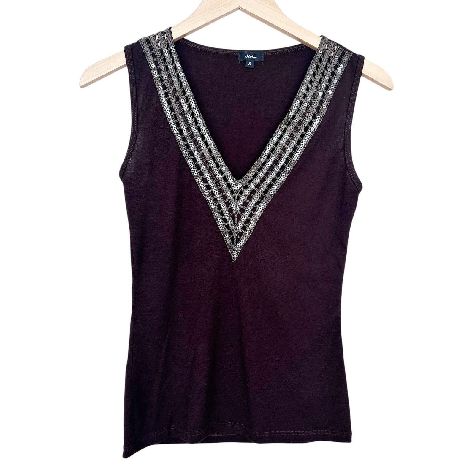 Vintage Vintage Storm Brown Sequin V Neck Tank Top Sz S Size S / US 4 / IT 40 - 1 Thumbnail