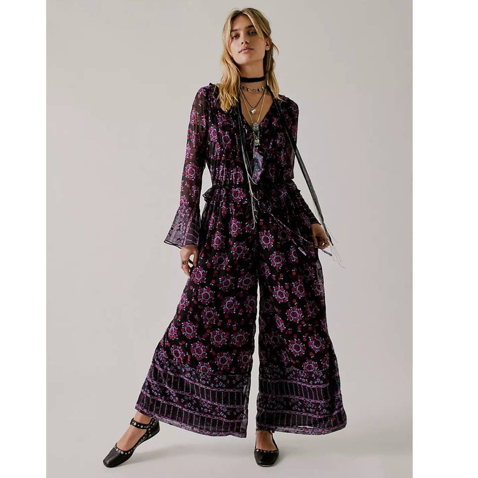 image of New Fp X Anna Sui Cassiel Printed Jumpsuit $298 Small in Black, Women's (Size 28)
