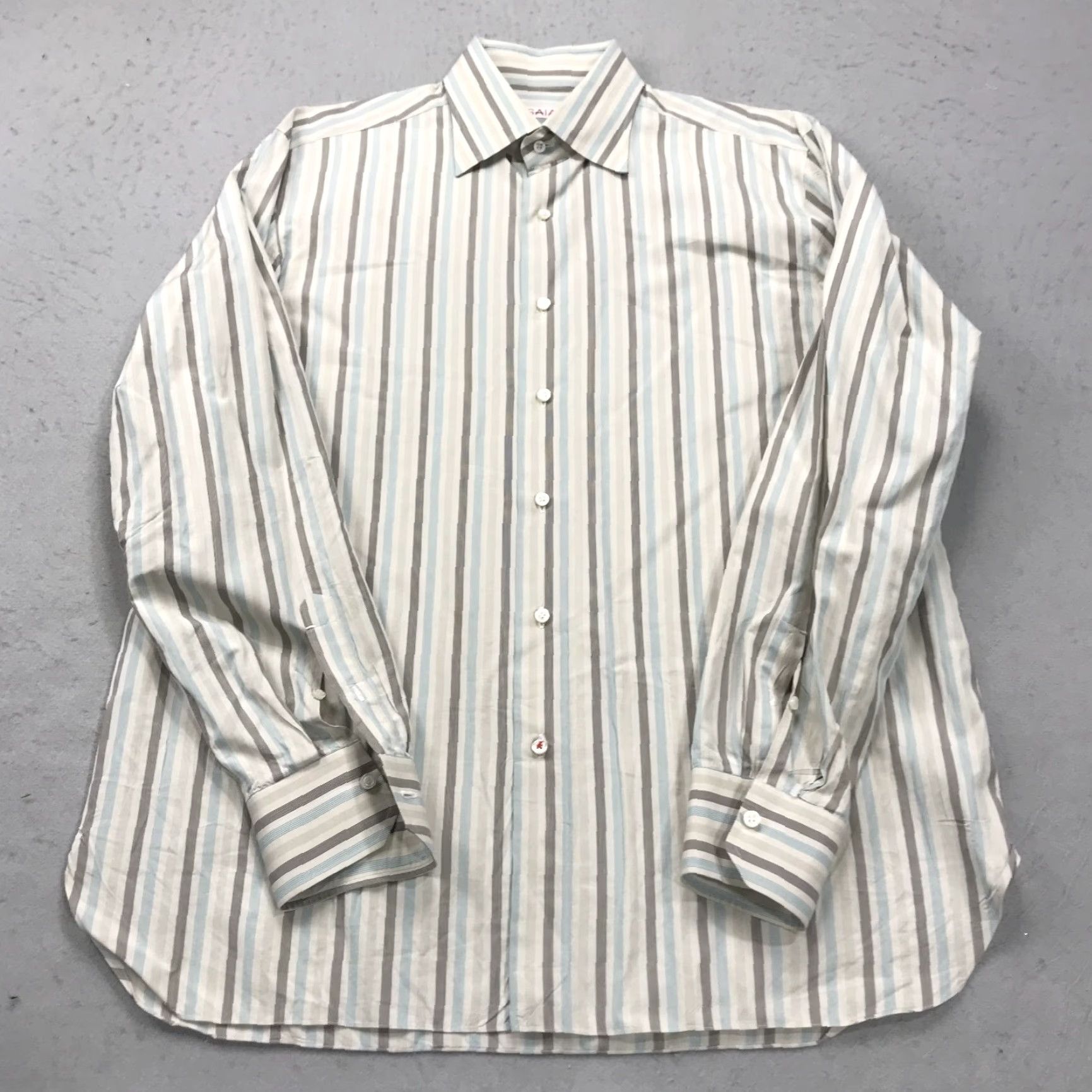 Isaia VINTAGE Isaia Napoli Shirt Mens 17 43 Cream Blue Striped Italy Dress Designer Barrel Size 46R - 2 Thumbnail