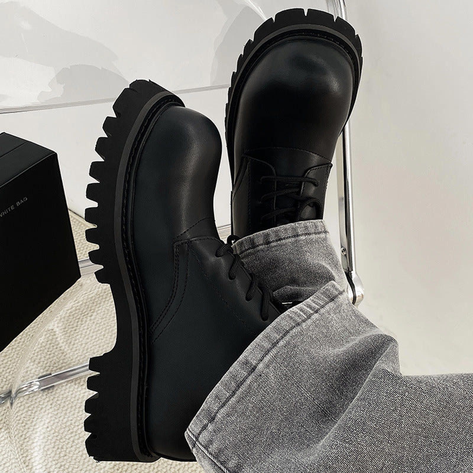 Japanese Brand Black Chunky Lace-Up Men's Ankle Boots, Rugged Sole Boots Size US 9 / EU 42 - 4 Thumbnail