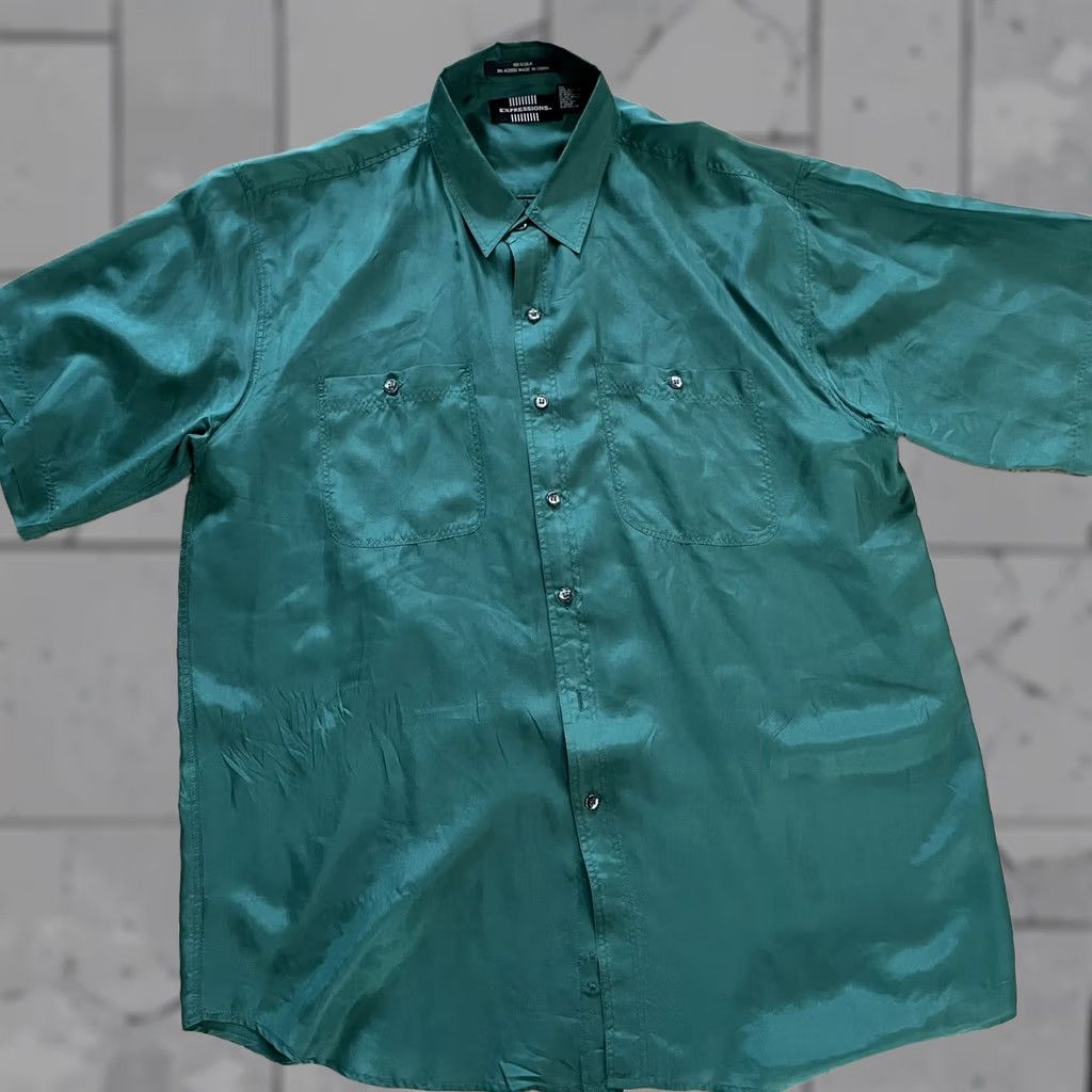 Vintage Expressions 100% silk green button-up mens L Shirt Men Green Silk Short Sleeve Button-Up Size US L / EU 52-54 / 3 - 1 Thumbnail