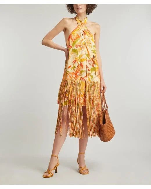 FARM RIO Leopard Forest Sand printed crepe halterneck Dress