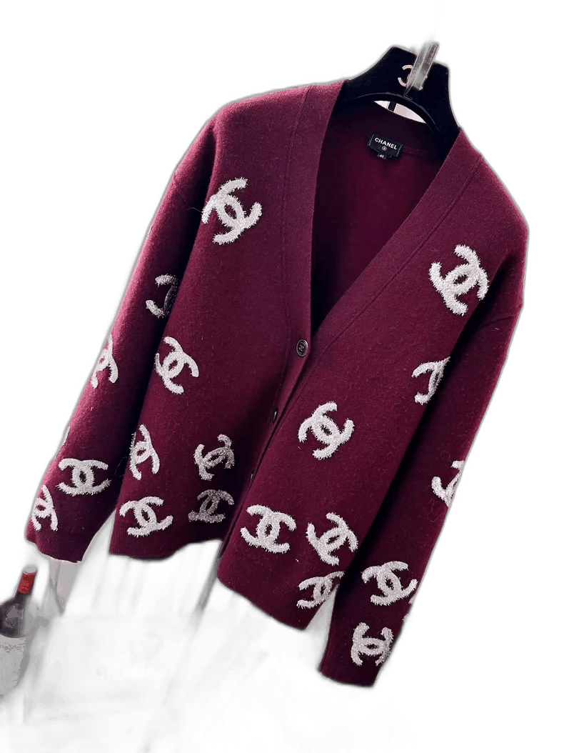 Chanel Chanel Burgundy Logo Knit Cardigan Size L / US 10 / IT 46 - 1 Thumbnail