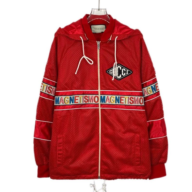 GucciRed letter print mesh hooded drawstring zipper jacket