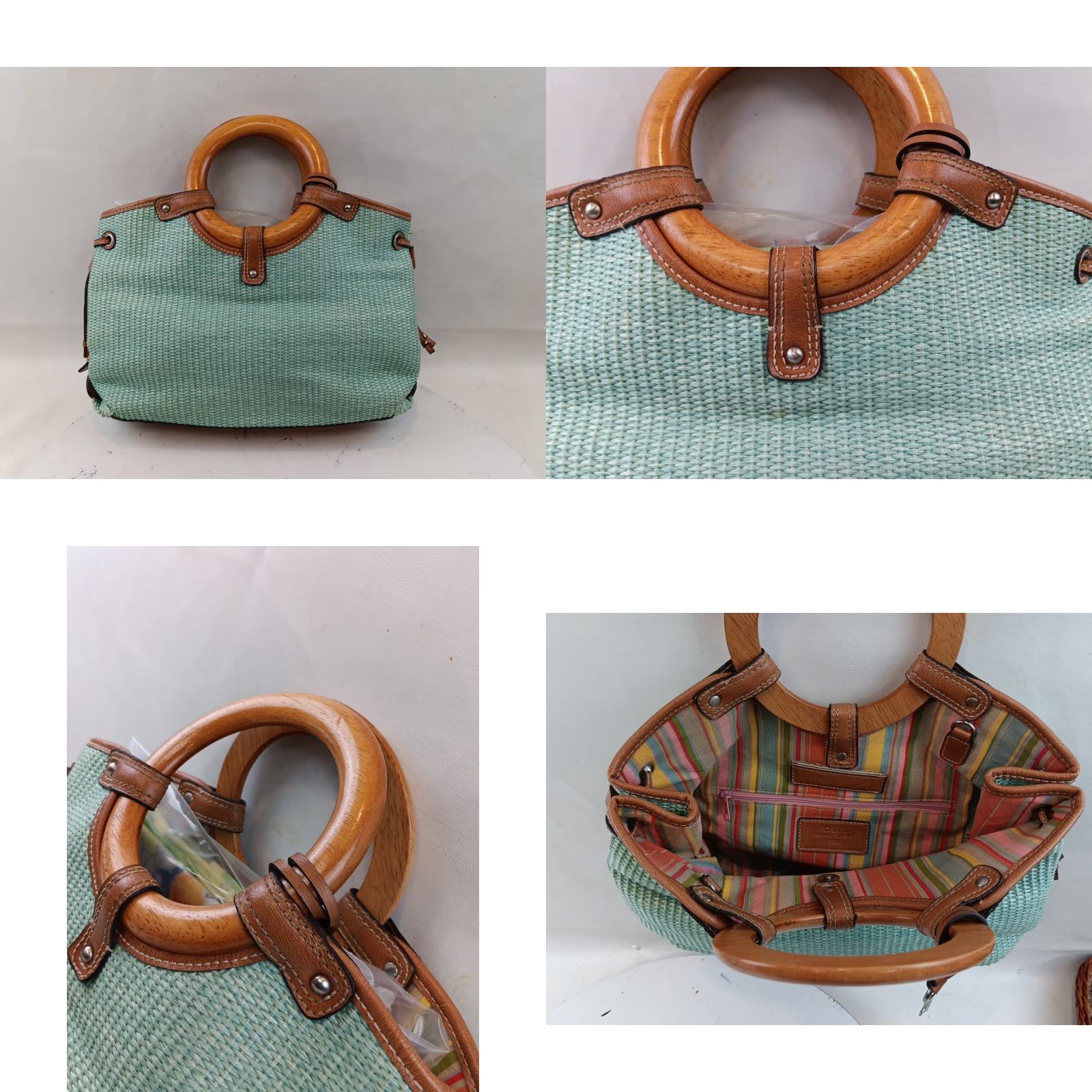 Fossil Fossil Wicker Woven Handbag Satchel Seafoam Green Leather Trim Wooden Handles Size ONE SIZE - 9 Thumbnail