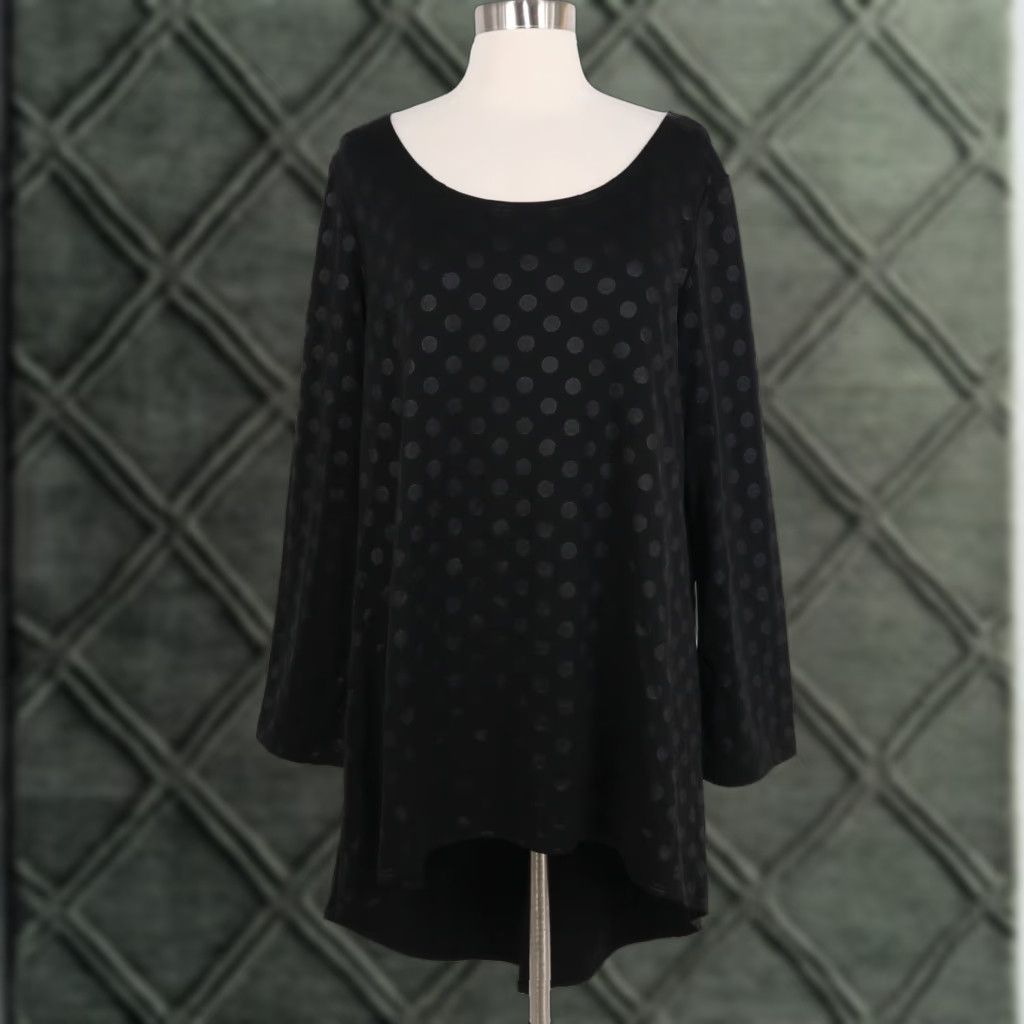 Bryn Walker Leo Tunic Top Womens M Medium Black Polka Dot Stretch Hi-Low T-Shirt
