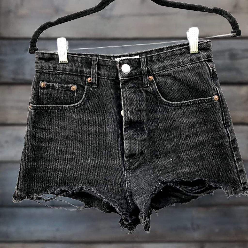 Zara Zara High Waisted Denim Shorts Womens 4 Cutoff Frayed Raw Hem Black Button Fly Size 27" / US 4 / IT 40 - 1 Thumbnail