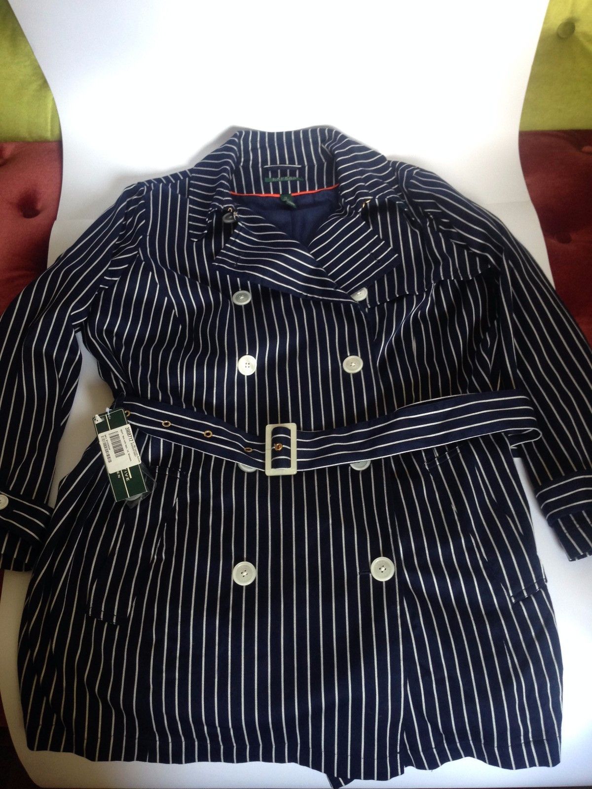 Lauren Ralph Lauren Ralph Lauren Navy White Stripes 100% Cotton Belted Trench Size XXL / US 16-18 / IT 52-54 - 1 Thumbnail