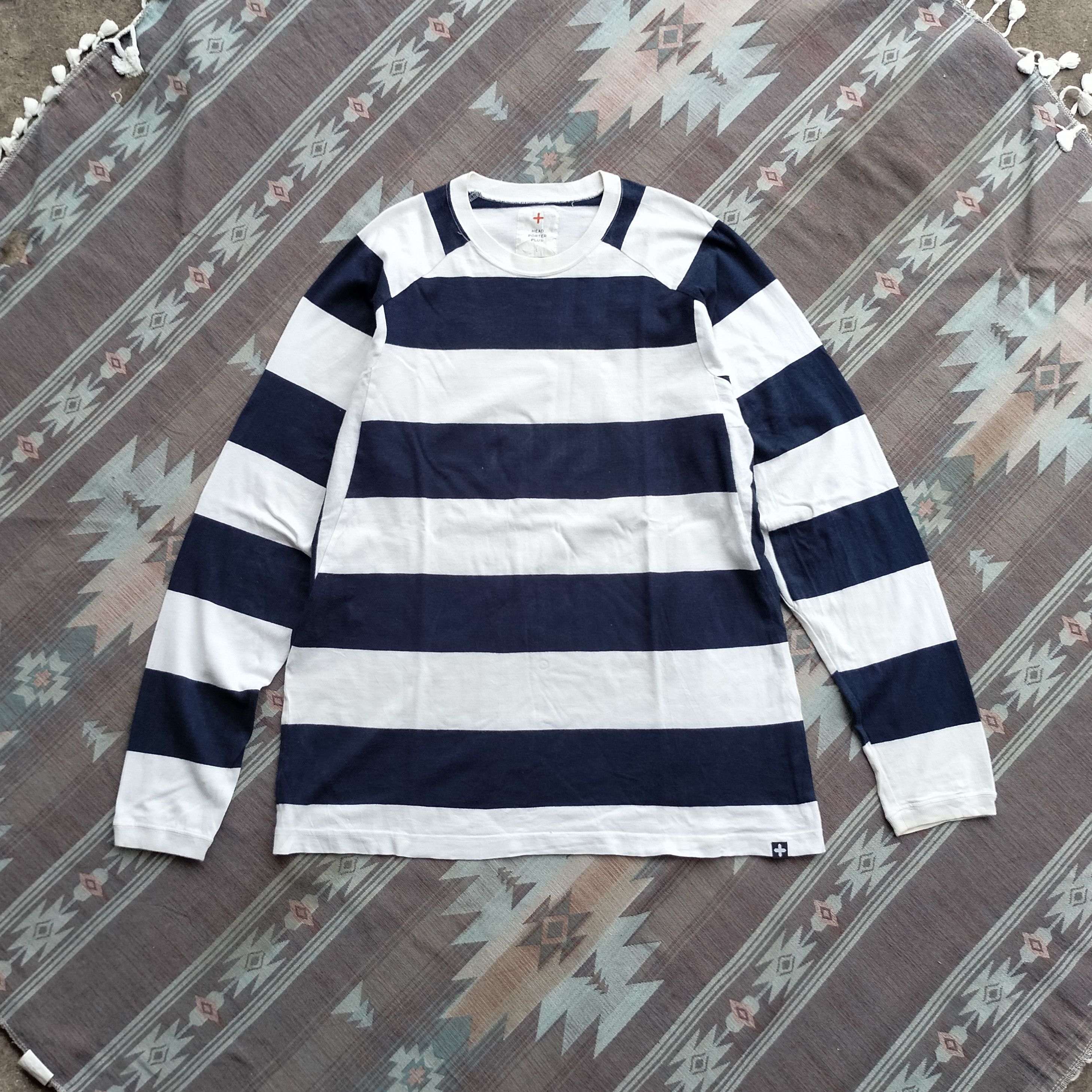 Head Porter plus japan stripe navy white Ls shirt