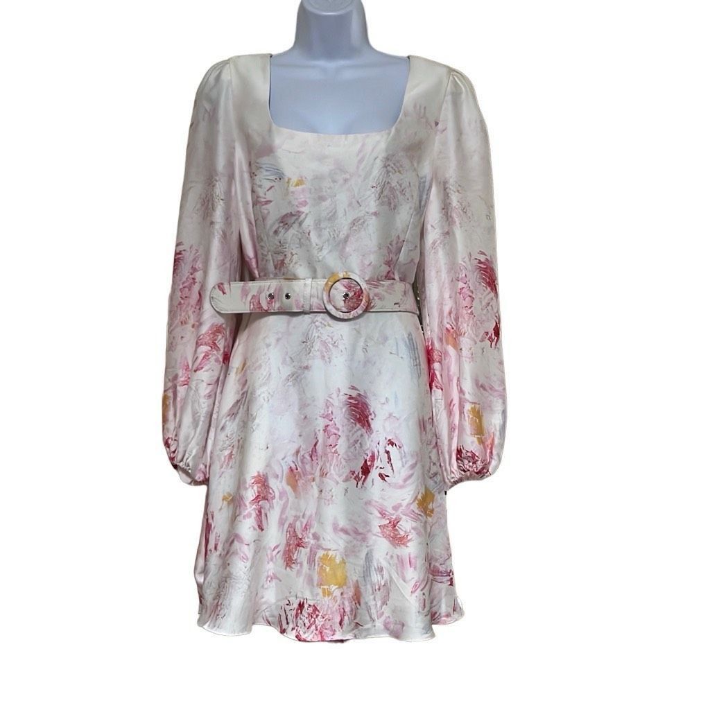 image of Bcbg Maxazria Womens 16 Satin Mini Dress White Pink Floral B (Size XL)