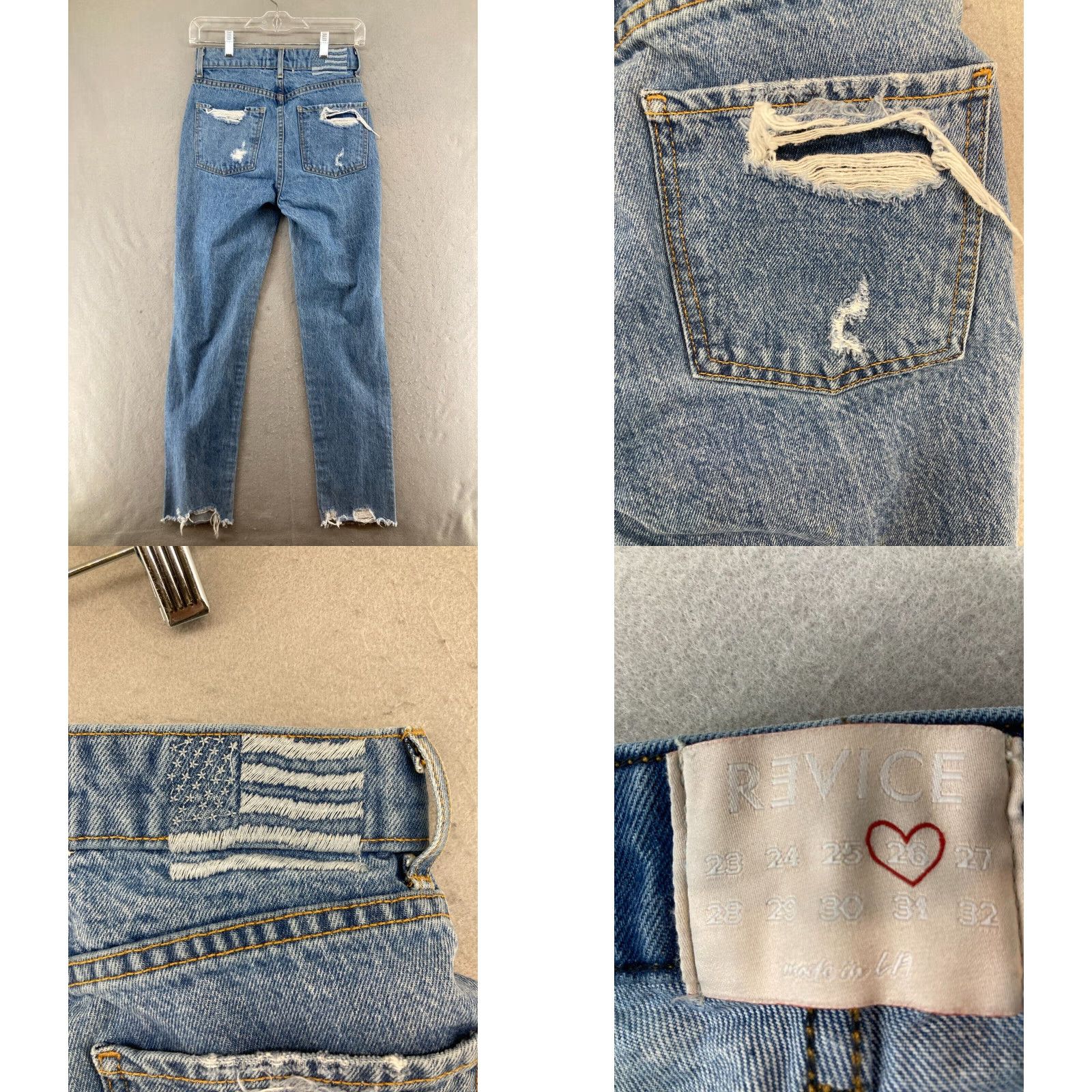 Vintage Revoice Jeans 26 Button Fly USA Raw Hem Distressed Mom Womens Jeans 26 Blue Cotton Blend 5-Pocket Distressed USA Mom Style Modern Fit Size 26" / US 2 / IT 38 - 8 Thumbnail
