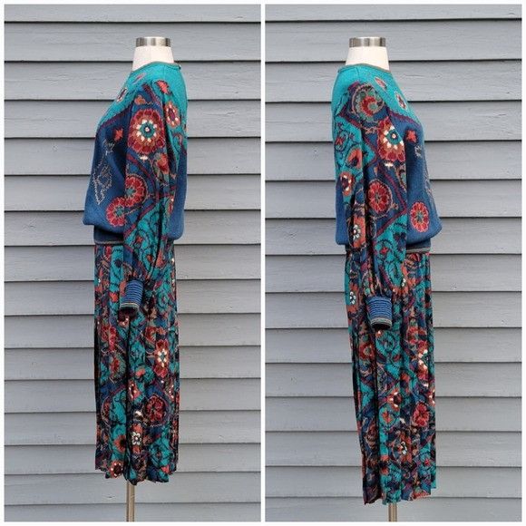 Vintage Vintage 80s Anne Crimmins Floral Silk Pleated Skirt Appliqué Size 32" / US 10 / IT 46 - 4 Thumbnail