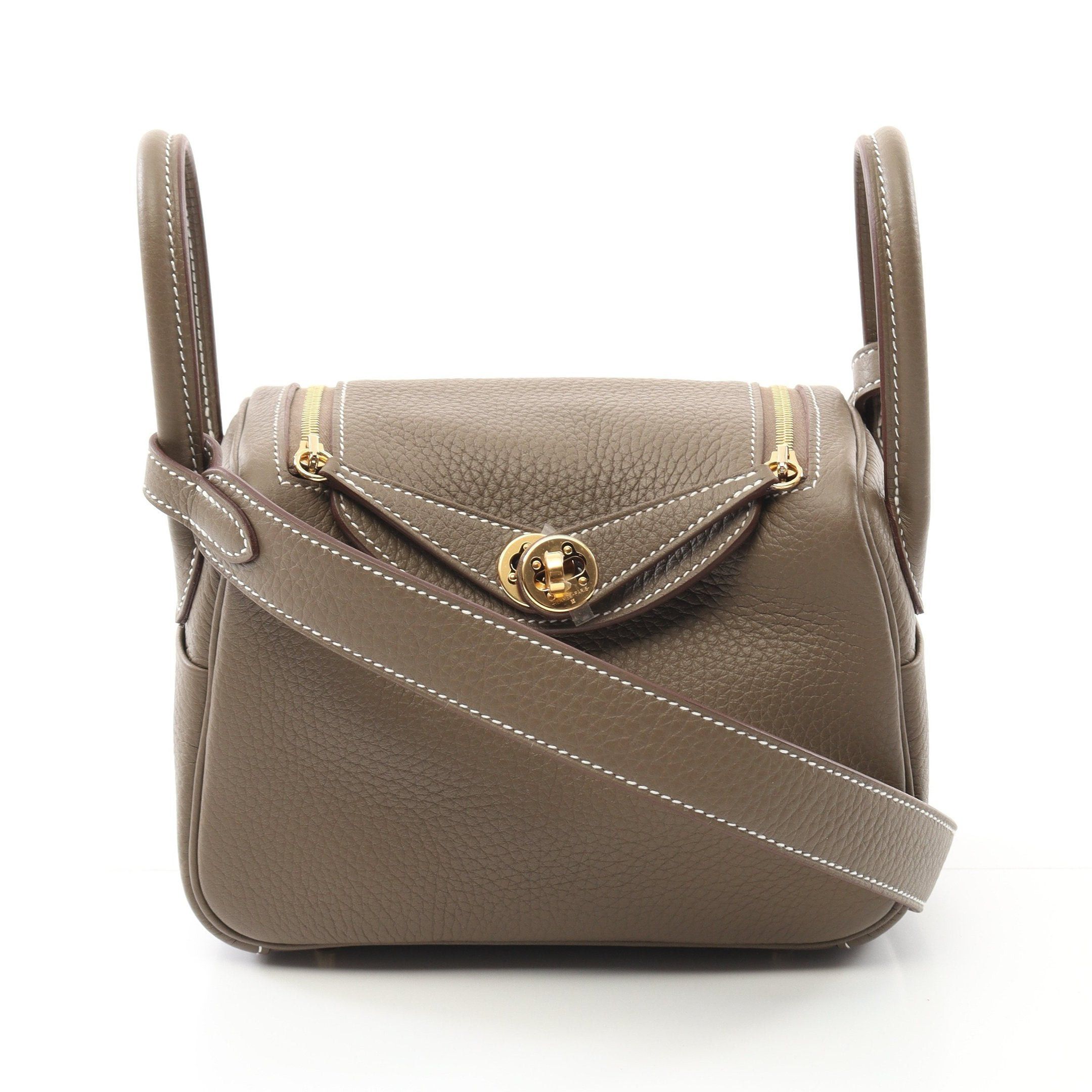 Hermes Lindy Mini Etoupe Shoulder Bag Clemence Leather Gray Brown Gold Hardware Double Engraved