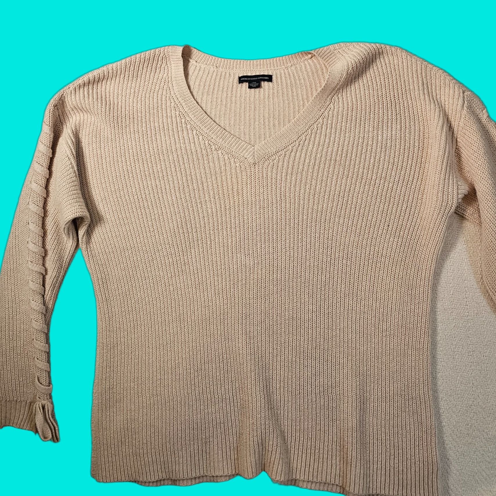 American Eagle Outfitters American Eagle Outfitters V-Neck Sweater Women’s Large Beige Casual Knit Pullover Long Sleeve Regular Fit 100% Cotton Shirt Women's Crewneck? Size L / US 10 / IT 46 - 1 Thumbnail