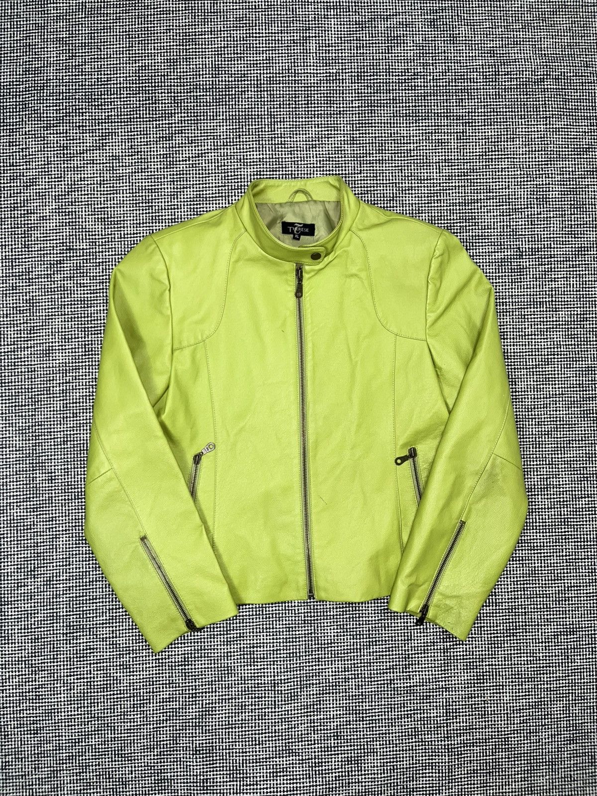 Lime green genuine leather jacket rare cyber rave moto brat
