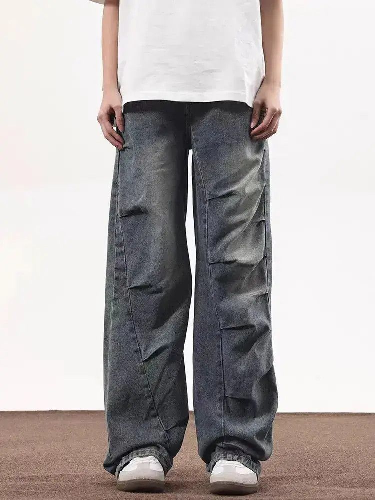 Irregularly pleated baggy wide-leg jeans