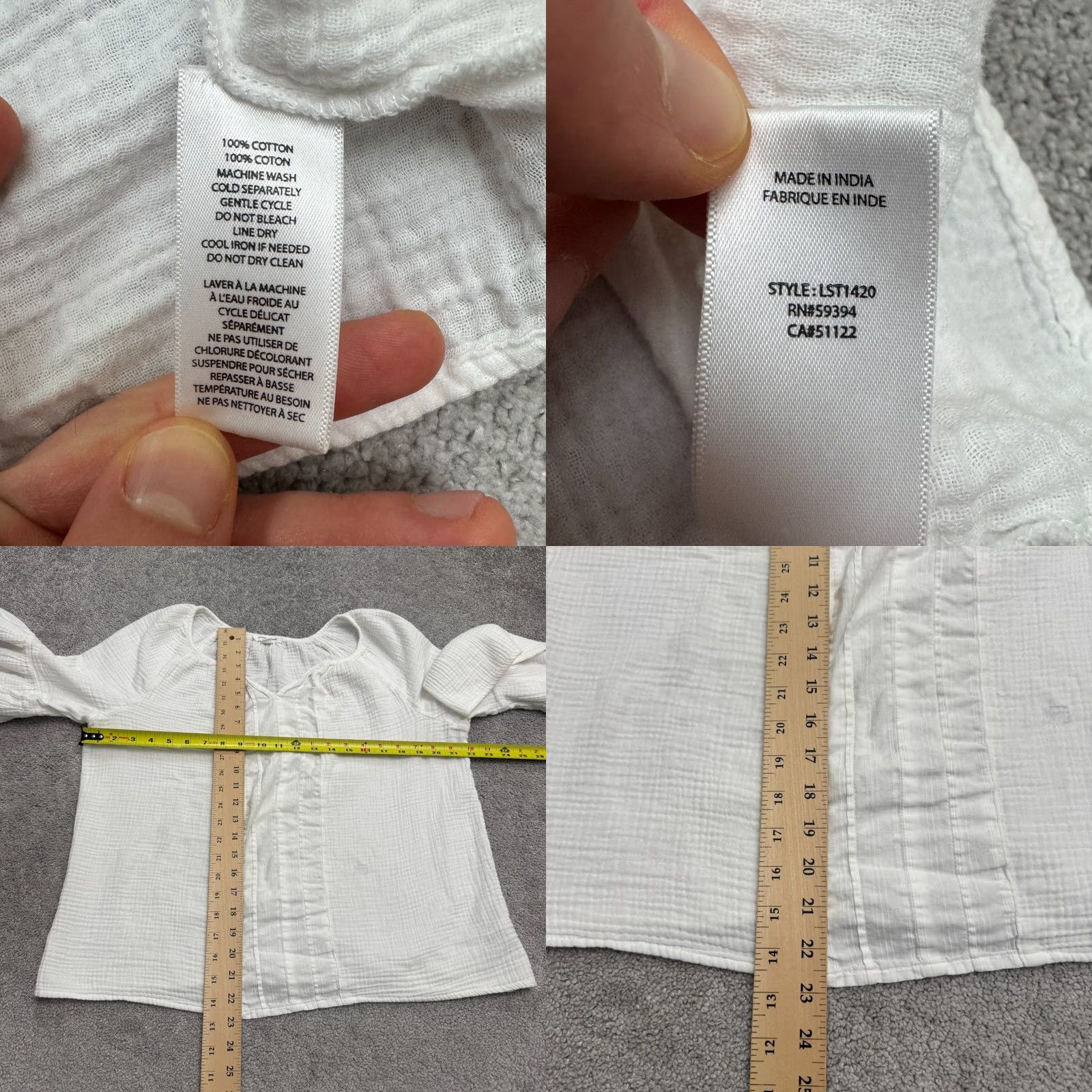 Bell BeachLunchLounge Blouse Cotton Gauze Peasant XL White Bell Sleeve Shirt Womens Bohemian Peasant, 3/4 Sleeve, V-Neck, Summer, Spring, Fall, Regular Fit Size XL / US 12-14 / IT 48-50 - 8 Thumbnail